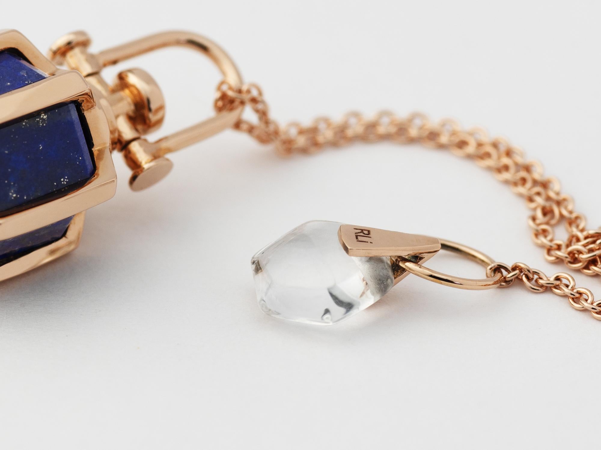 Modern Sacred Geometrical Dainty 18k Rose Gold Amulet Necklace w/ Lapis Lazuli For Sale 1