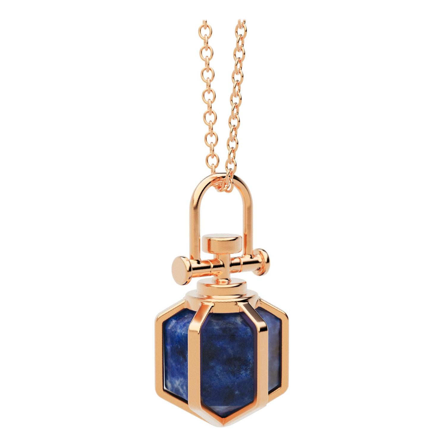 Modern Sacred Geometrical Dainty 18k Rose Gold Amulet Necklace w/ Lapis Lazuli For Sale