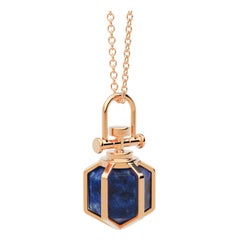 Moderne sakrale geometrische Dainty 18k Roségold Amulet-Halskette mit Lapislazuli