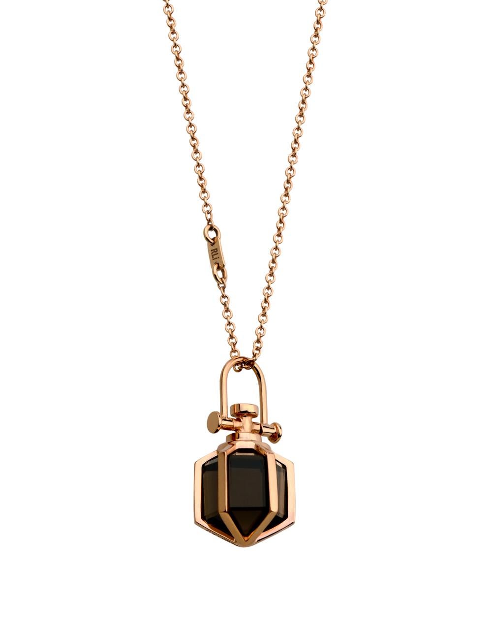 Rebecca Li designs mindfulness.
This dainty talisman necklace is from her signature Six Senses Talisman Collection.

Smoky quartz means Protection & Luck.

Talisman Pendant :
18K Rose Gold
Smoky Quartz
Pendant Size: 9 mm W * 9 mm D * 18 mm