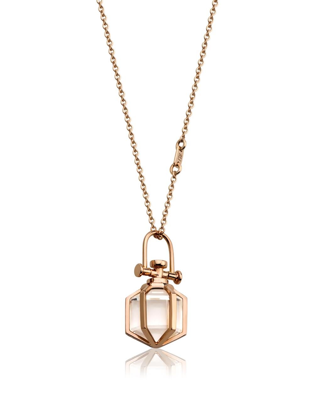 Rebecca Li designs mindfulness.
This sacred geometry inspired necklace  signifies our intuition.
Clear rock crystal means manifestation, positivity & luck.

Talisman Pendant :
18K Rose Gold
Rock Crystal
Pendant Size: 9 mm W * 9 mm D * 18 mm