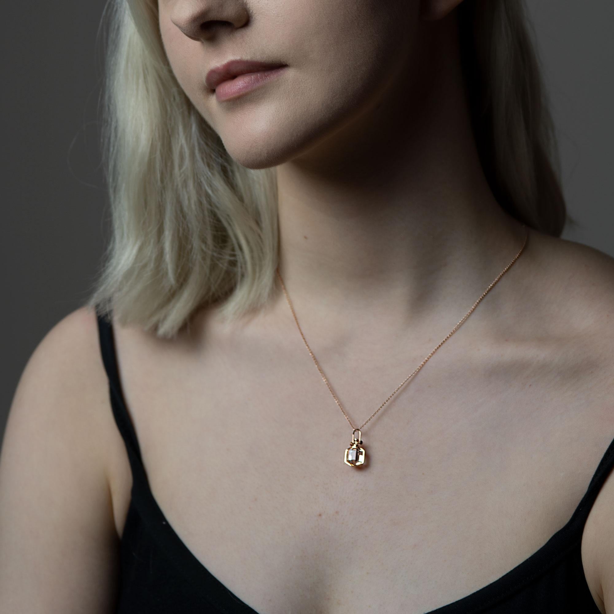 Modern Sacred Minimalism 18k Rose Gold Talisman Amulet Necklace w/ Rock Crystal In New Condition In Valencia, CA