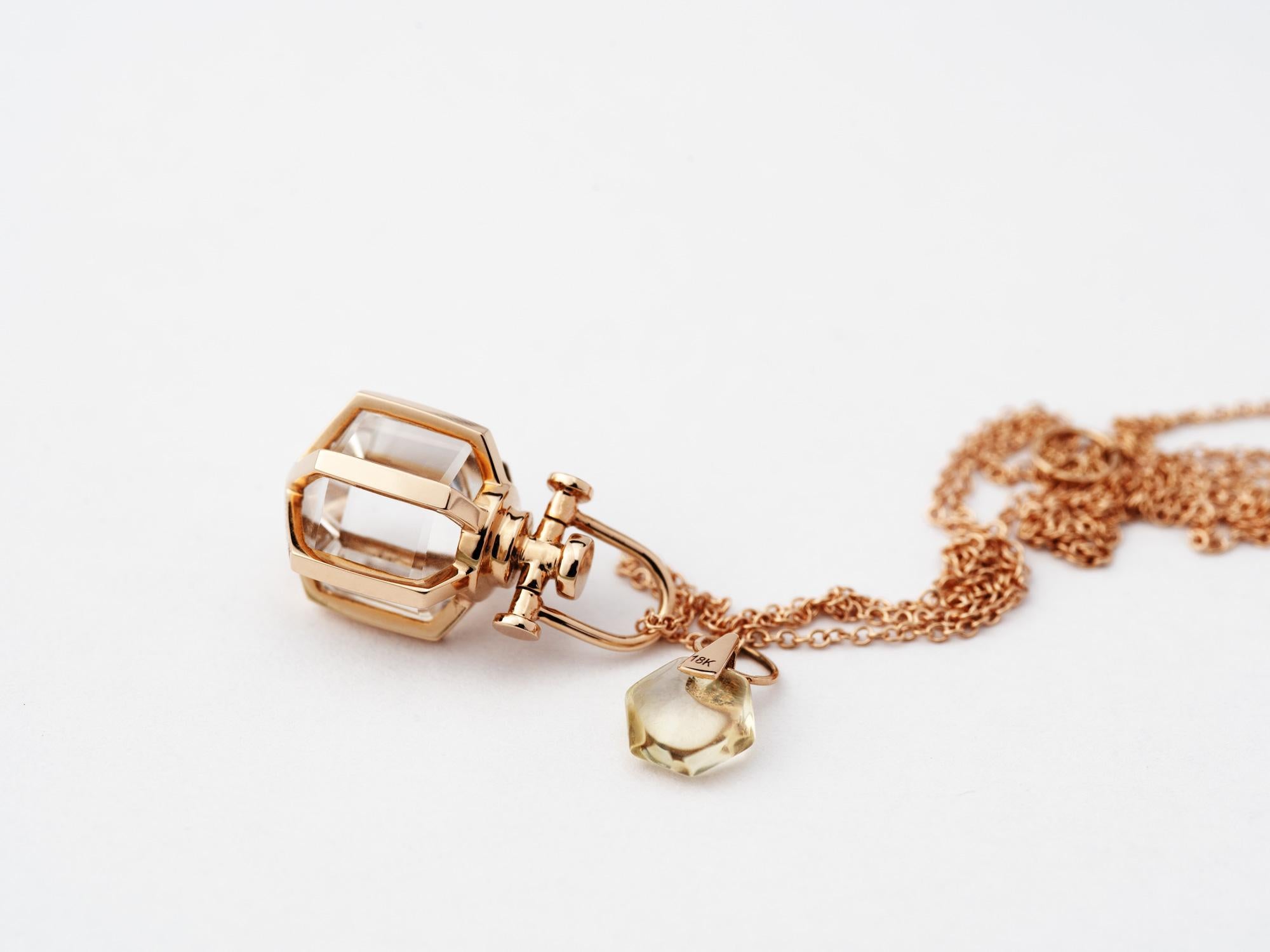 Modern Sacred Minimalism 18k Rose Gold Talisman Amulet Necklace w/ Rock Crystal In New Condition In Valencia, CA