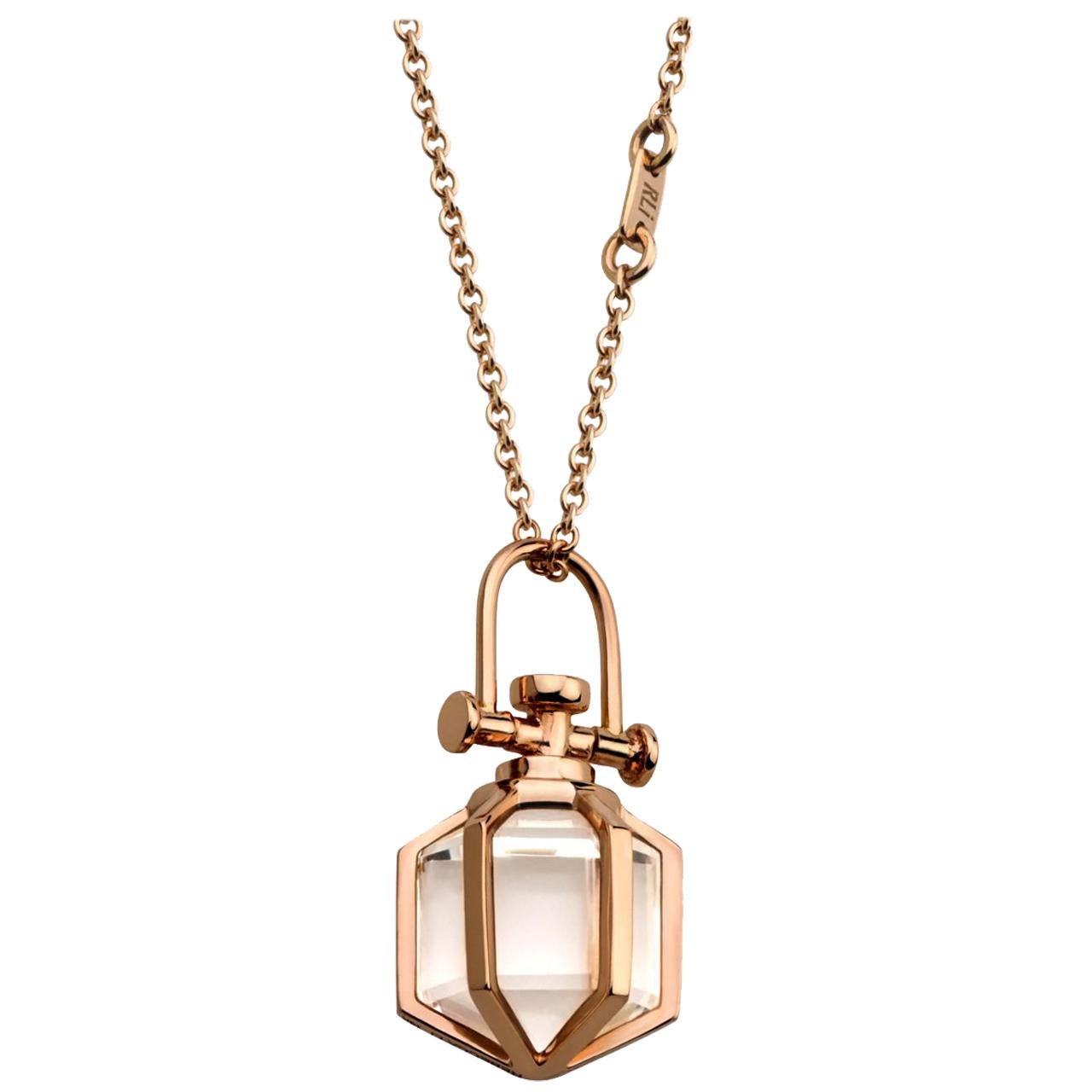 Modern Sacred Minimalism 18k Rose Gold Talisman Amulet Necklace w/ Rock Crystal