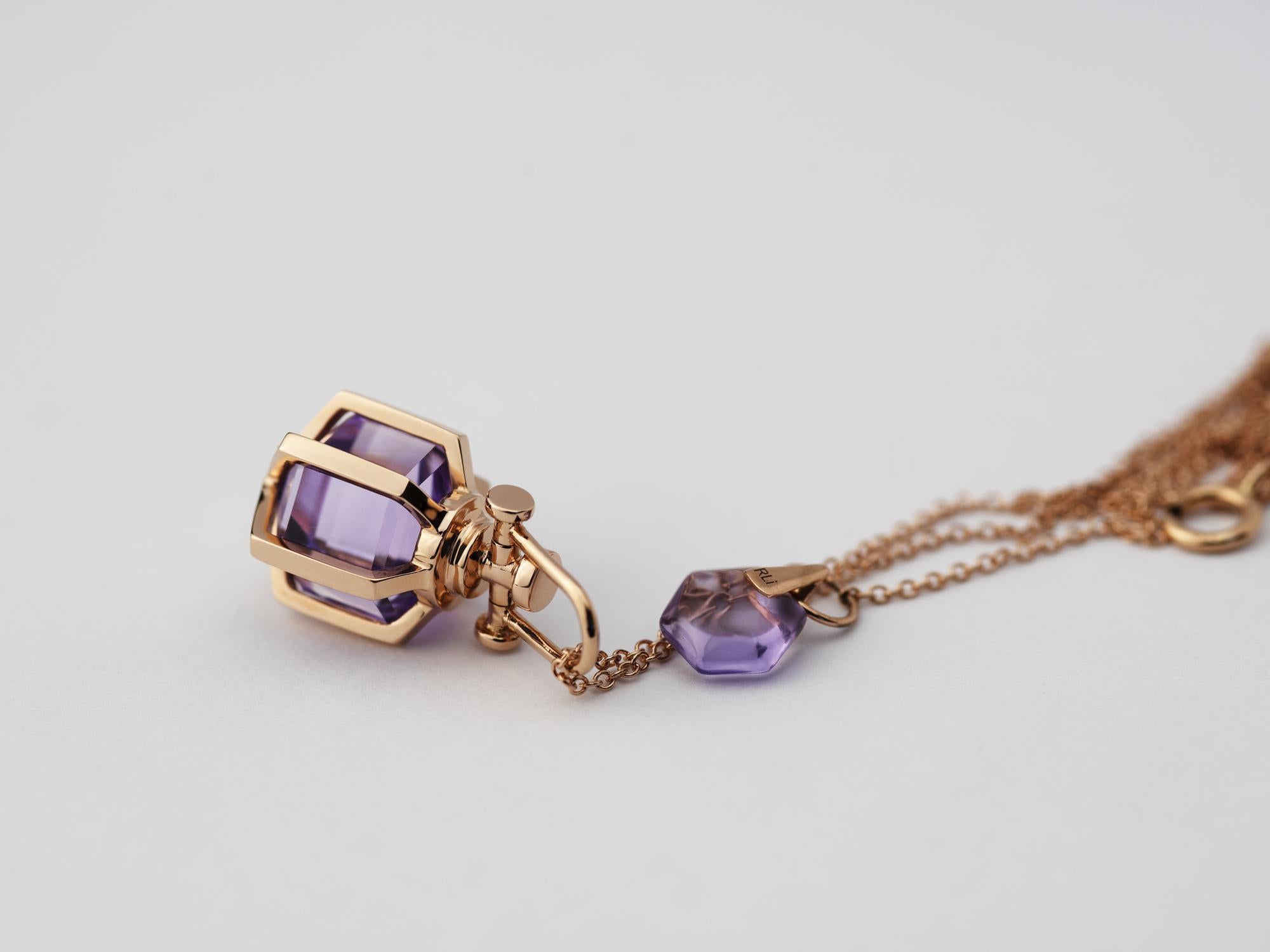 Rebecca Li designs mindfulness.
This sacred hexagon inspired necklace  signifies our intuition.
Amethyst means Intuition, Creativity & Awakening.

Talisman Pendant :
18K Rose Gold
Natural Amethyst
Pendant Size: 9 mm W * 9 mm D * 18 mm H
Gemstone