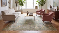 Modern Sage Green Oushak Style Wool Area Rug with Pastel Geometric Floral Accent