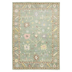Modern Sage Green Oushak Style Wool Area Rug with Pastel Geometric Floral Accent