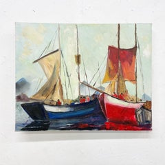 Modern Sailboat Art Oil Painting on Canvas Red White and Blue