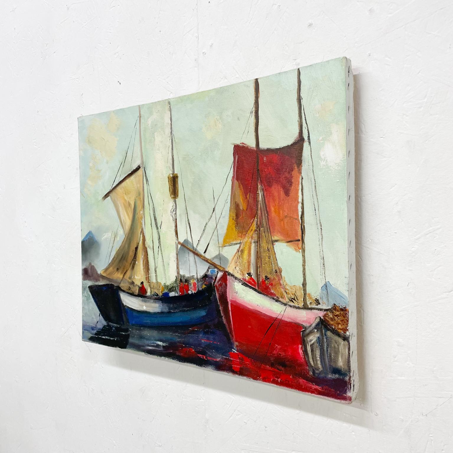 Mid-Century Modern Modern Sailboat Art Oil Painting on Canvas in Red White and Blue For Sale