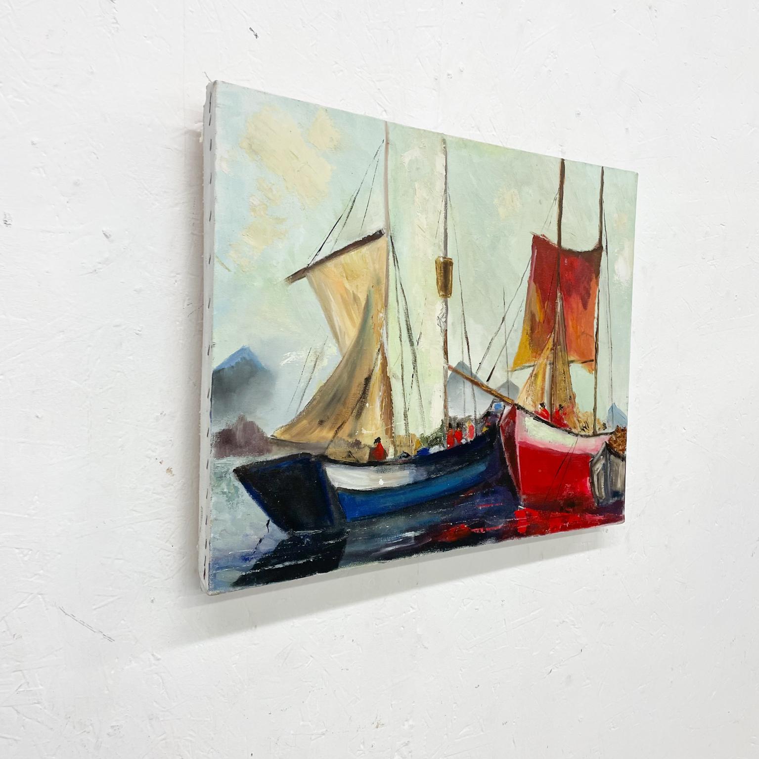 American Modern Sailboat Art Oil Painting on Canvas Red White and Blue For Sale
