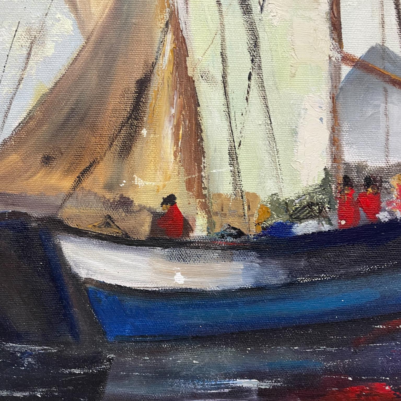 Late 20th Century Modern Sailboat Art Oil Painting on Canvas in Red White and Blue For Sale