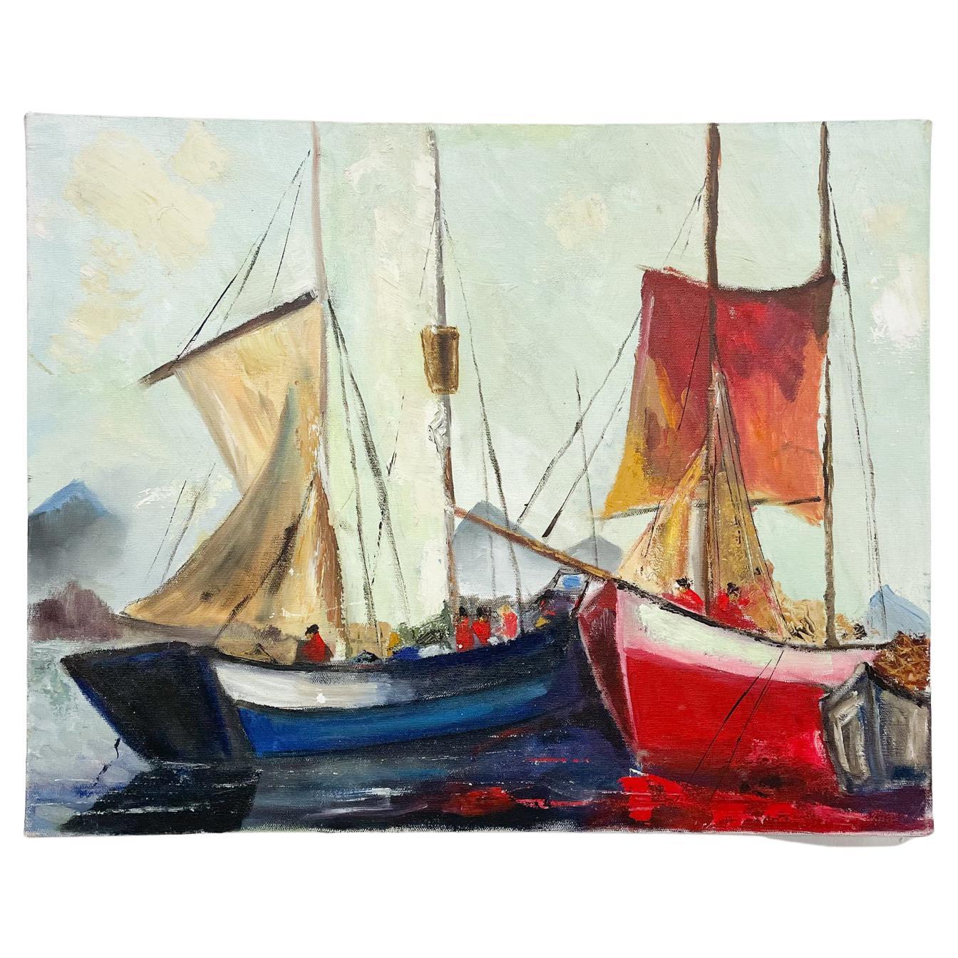 Modern Sailboat Art Oil Painting on Canvas in Red White and Blue