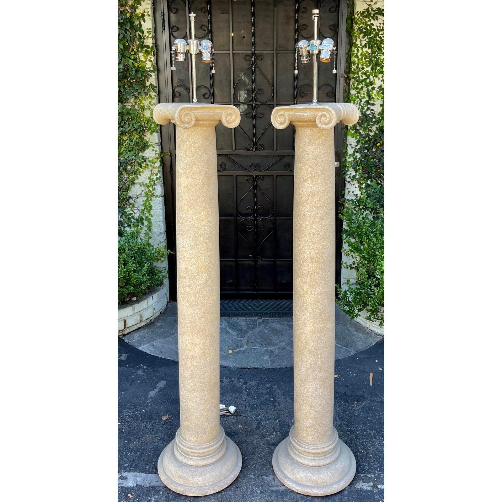 Sally Sirkin Lewis for J. Robert Scott Modern Neoclassical Column Floor Lamps. Each features a faux stone finish on solid wood and includes the original cluster marked J. Robert Scott.

Additional information:
Materials: Wood
Color: