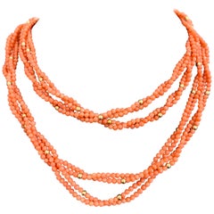 Modern Salmon Coral Beads 4-Strand Necklace with 14 Karat Yellow Gold Spacers