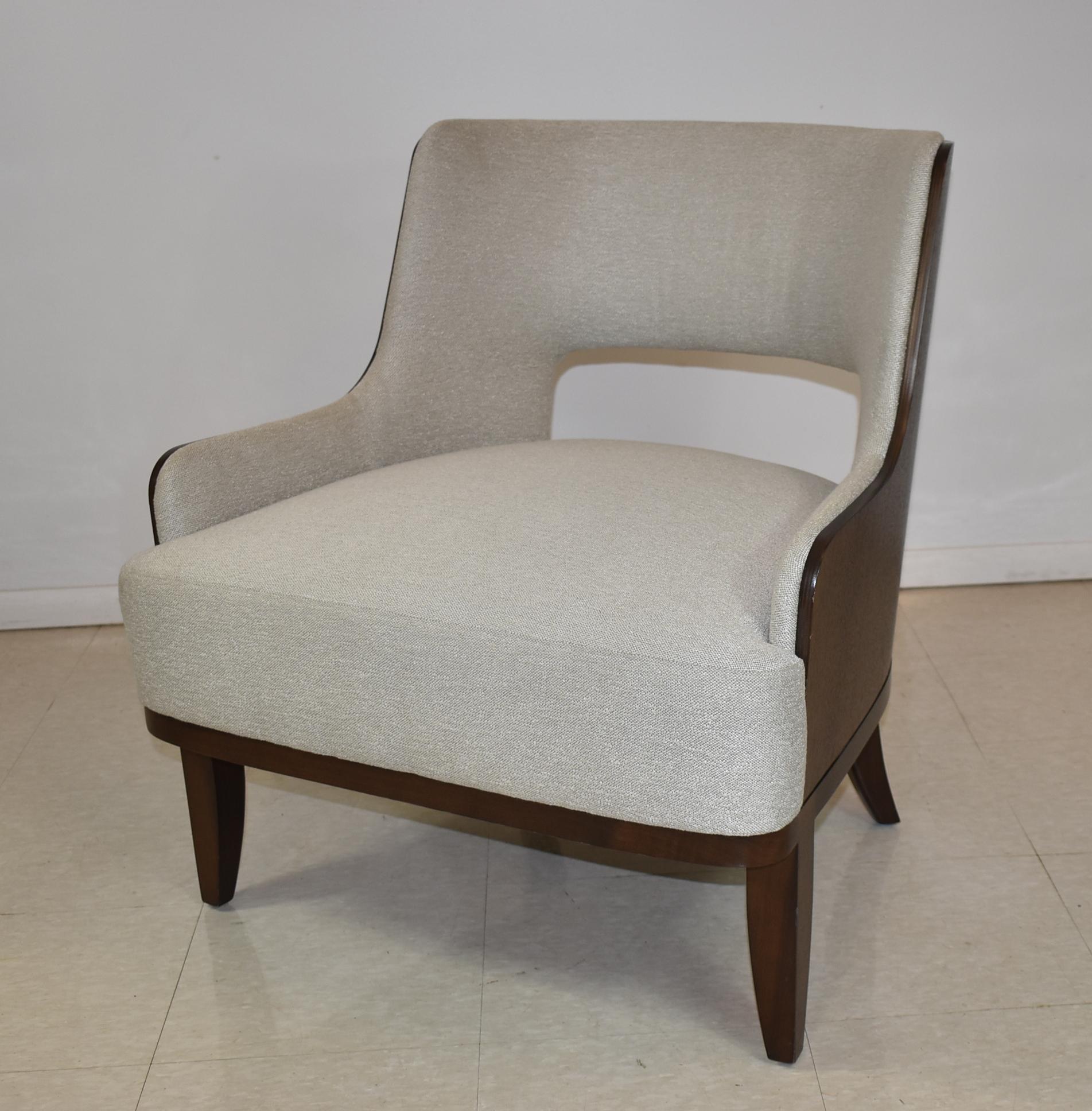 Modern Barbara Barry salon open back lounge chair for H B F. walnut frame with light grey upholstery fabric.