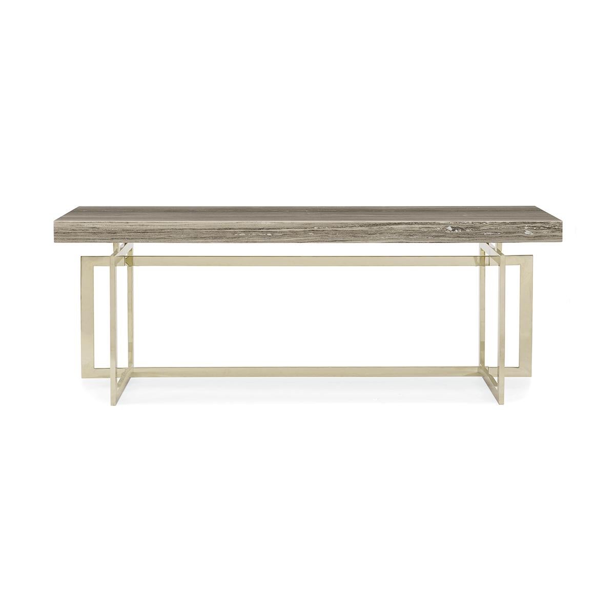 Modern sandstone console, bold and geometric in profile, this console has a flowing grey sandstone top with a deep mitered apron that sits atop two square, intertwined geometric frames in brilliant Whisper of Gold metal. It sits at a comfortable 28