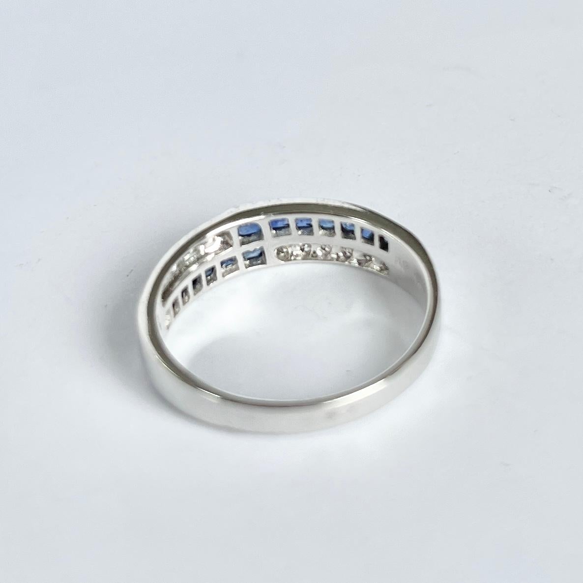 Modern Sapphire and Diamond 18 Carat White Gold Cross over Ring In Good Condition For Sale In Chipping Campden, GB