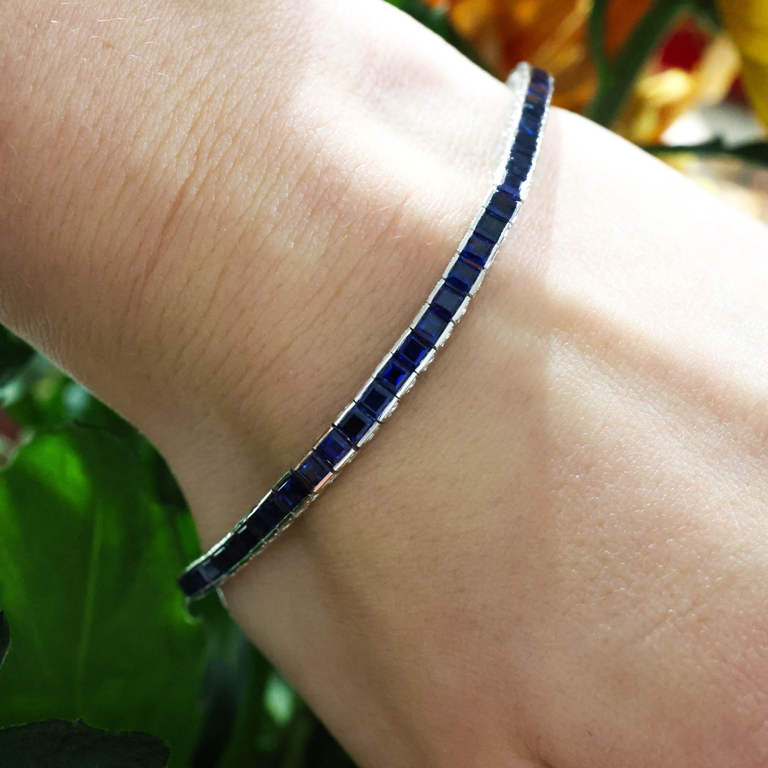 Modern Sapphire and Platinum Line Bracelet, 7.36 Carats In New Condition For Sale In London, GB
