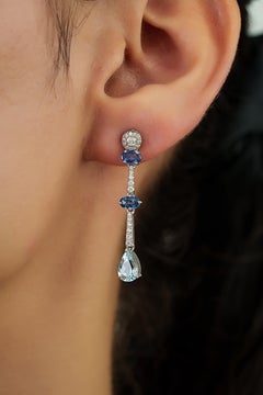 Moderne lineare Saphir-Aquamarin-Diamant-Tropfenohrringe 1,02ct in 14K Weißgold