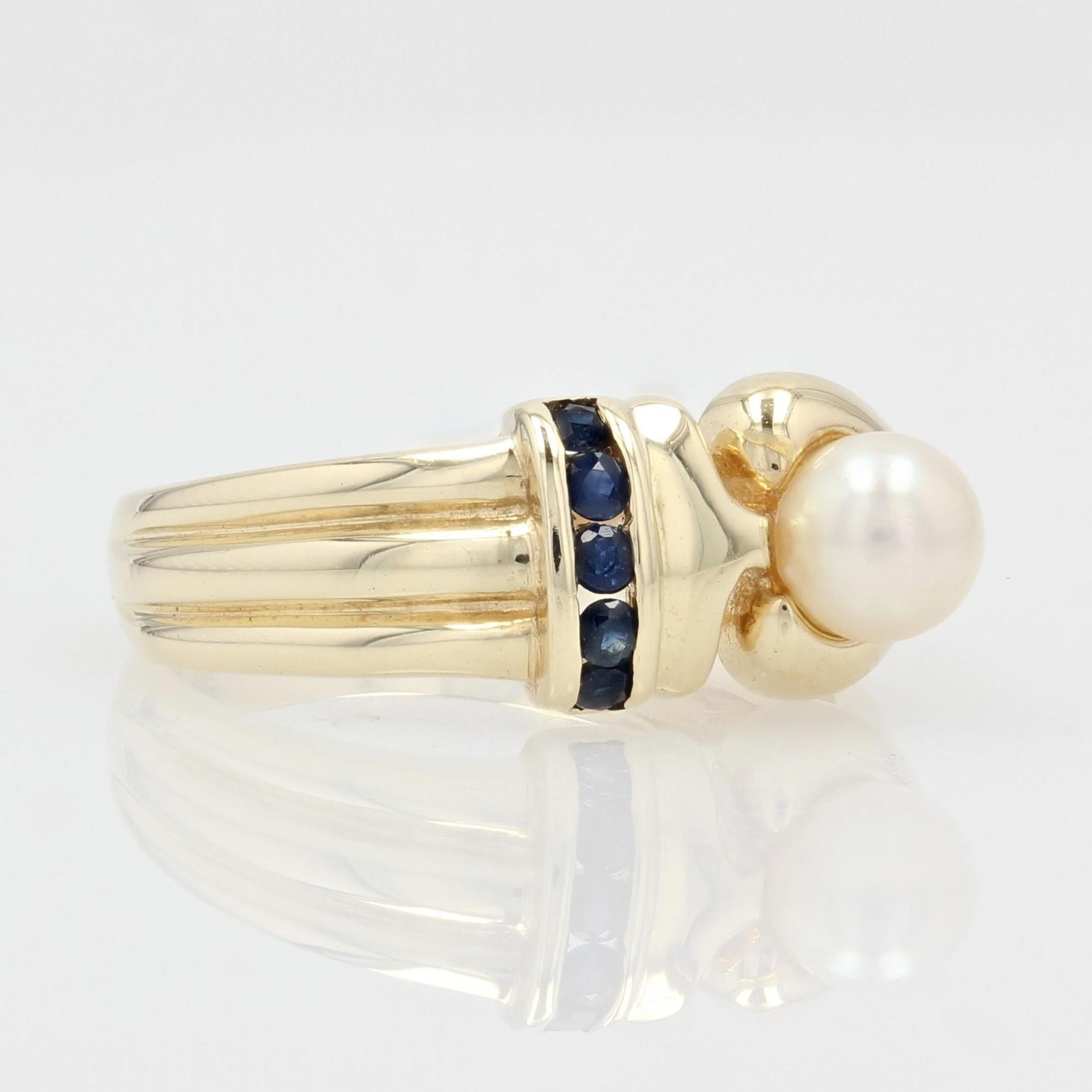 Modern Sapphire Cultured Pearl 14 Karat Yellow Gold Ring In Good Condition In Poitiers, FR