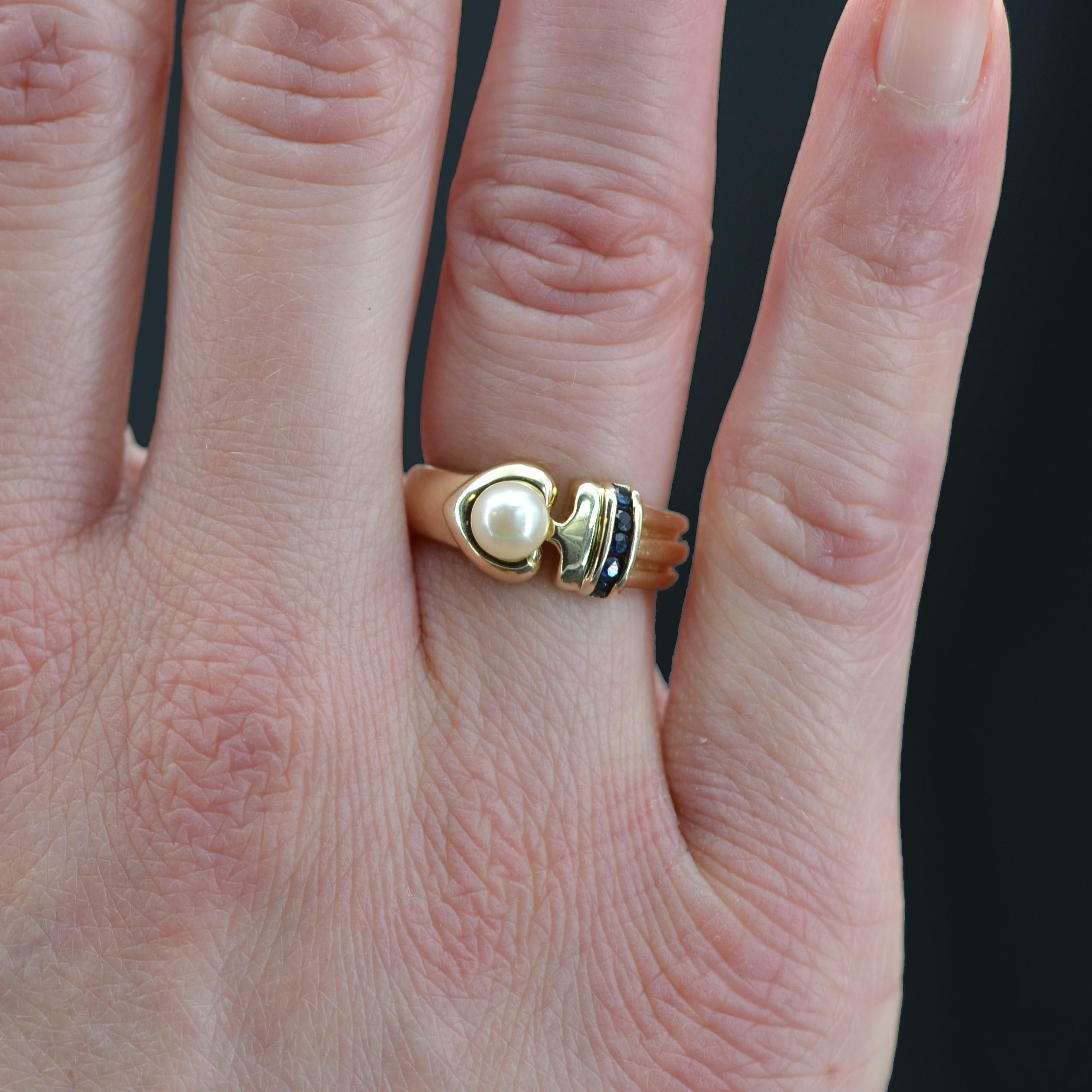Women's Modern Sapphire Cultured Pearl 14 Karat Yellow Gold Ring