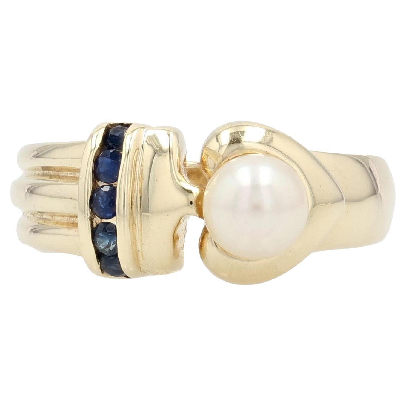 Modern Sapphire Cultured Pearl 14 Karat Yellow Gold Ring
