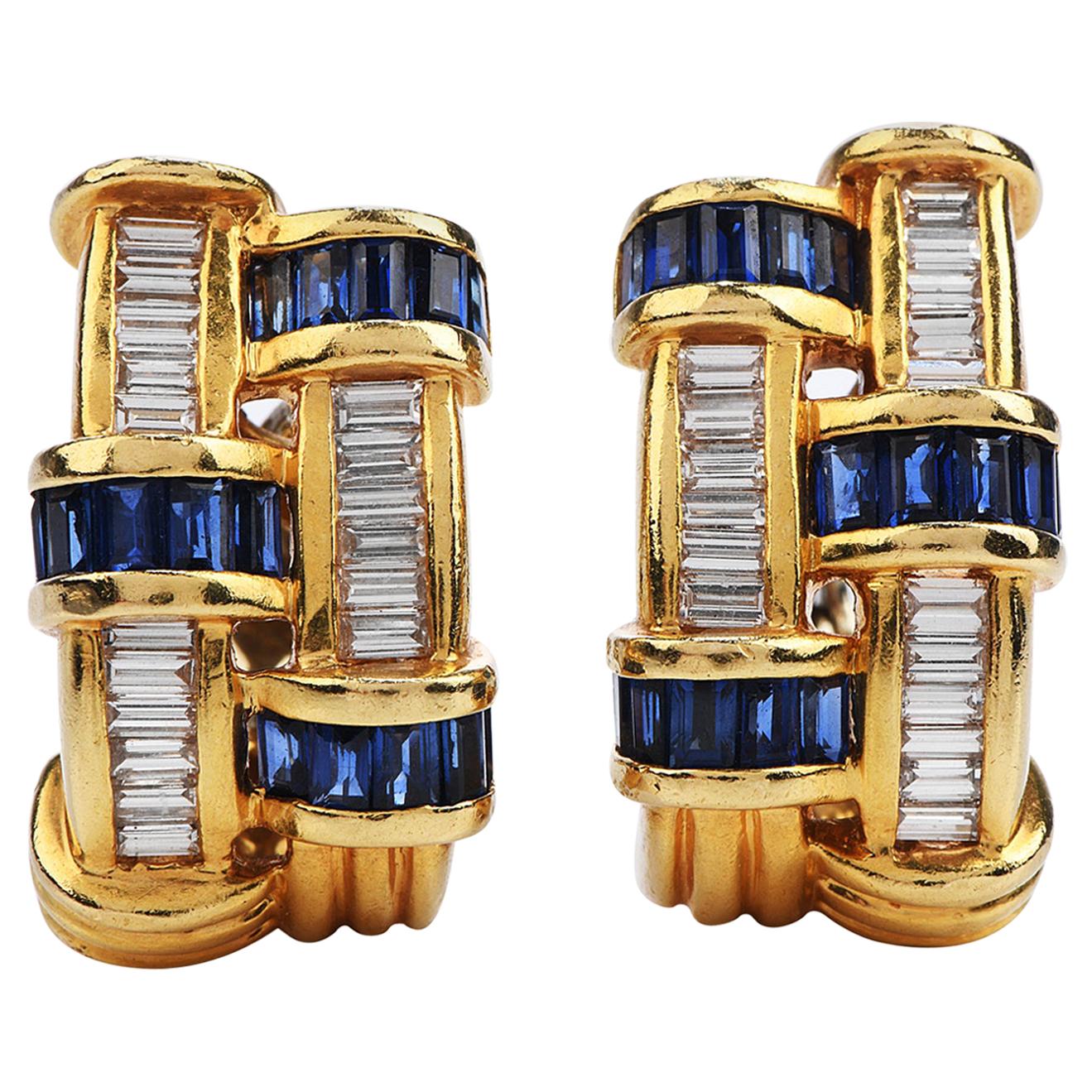 Krypell 1980
s  Sapphire Diamond 18K Gold Woven Clip On Hoop Earrings