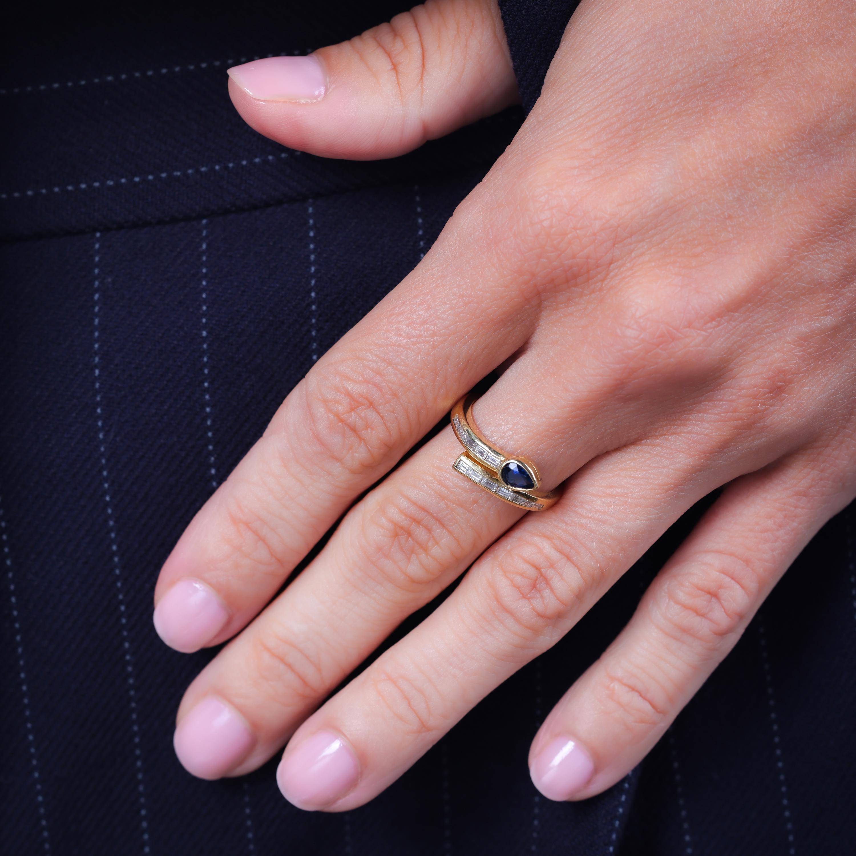 Pear Cut Modern Sapphire Diamond 18K Yellow Gold Snake Bypass Ring
