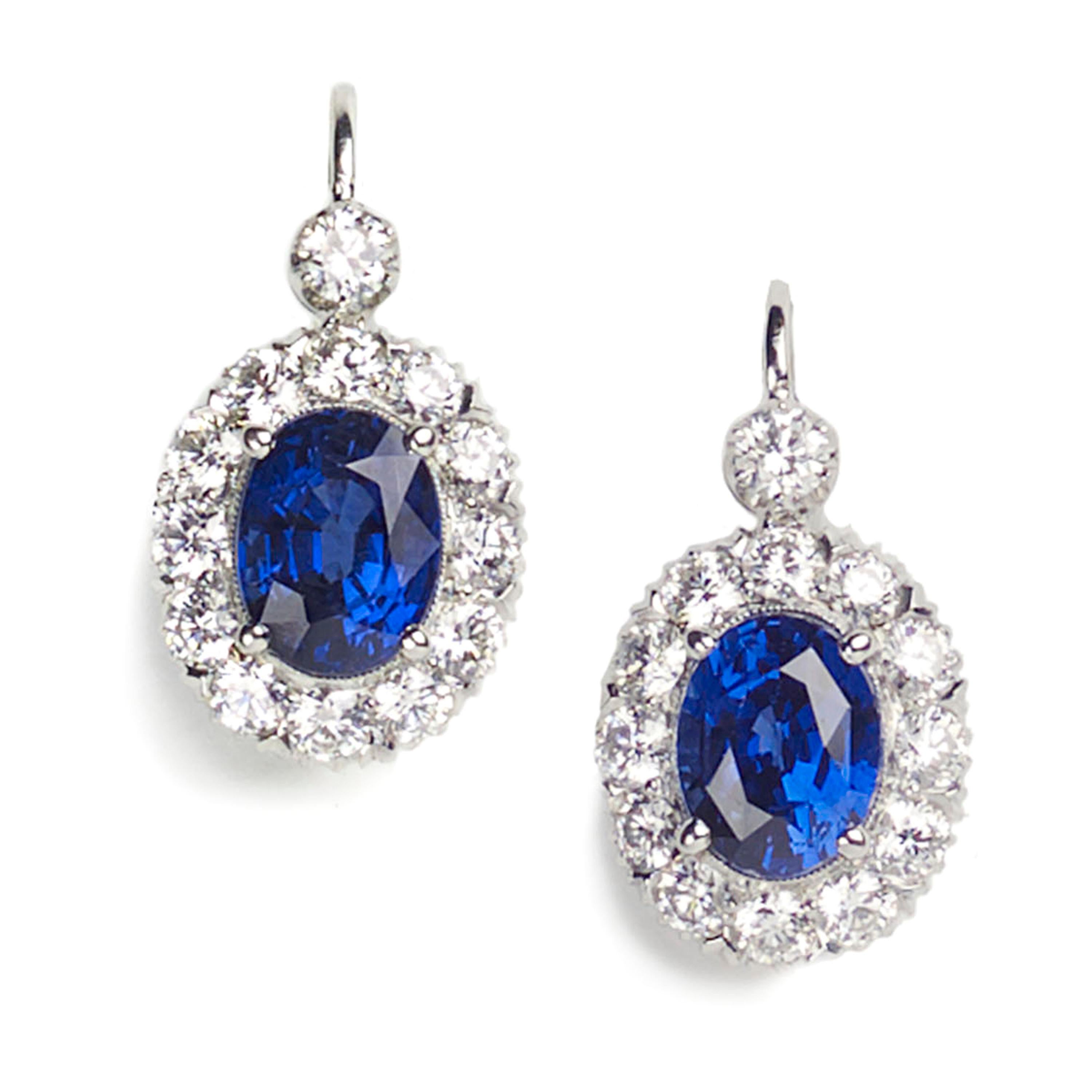 Oval Cut Modern Sapphire, Diamond and Platinum Cluster Drop Earrings For Sale