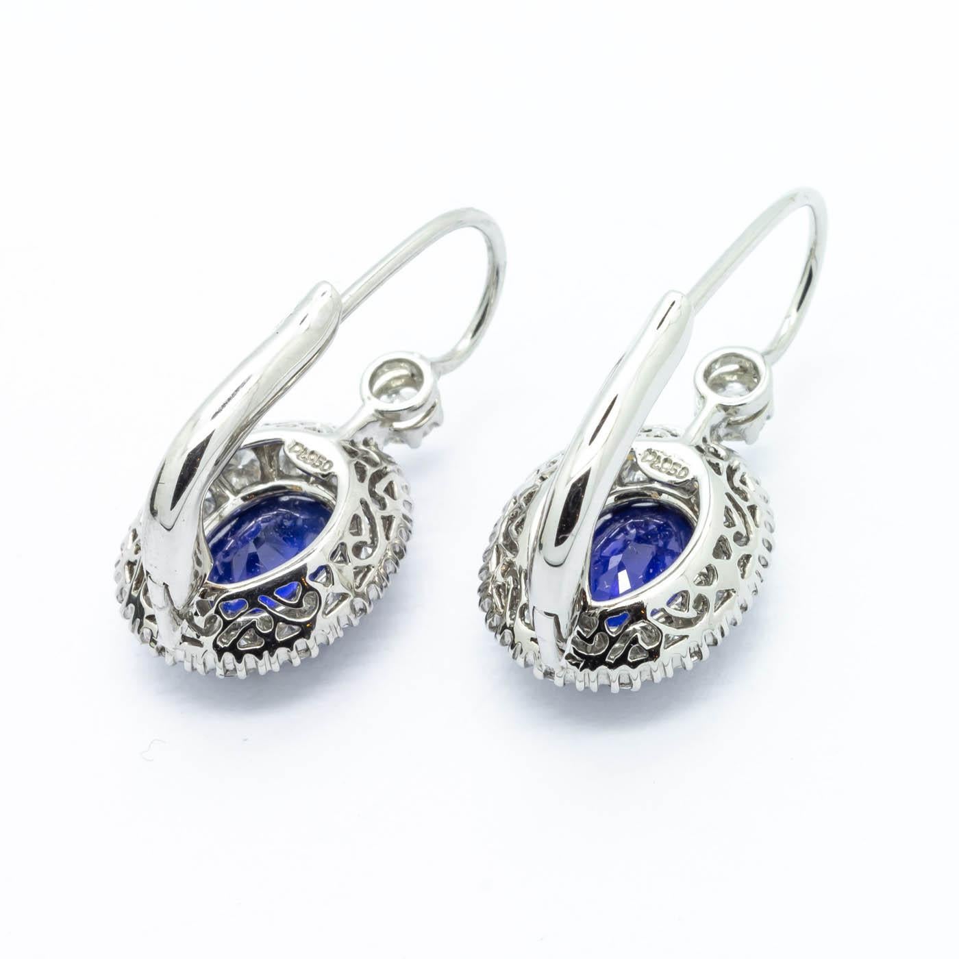 Modern Sapphire, Diamond and Platinum Cluster Drop Earrings For Sale 1