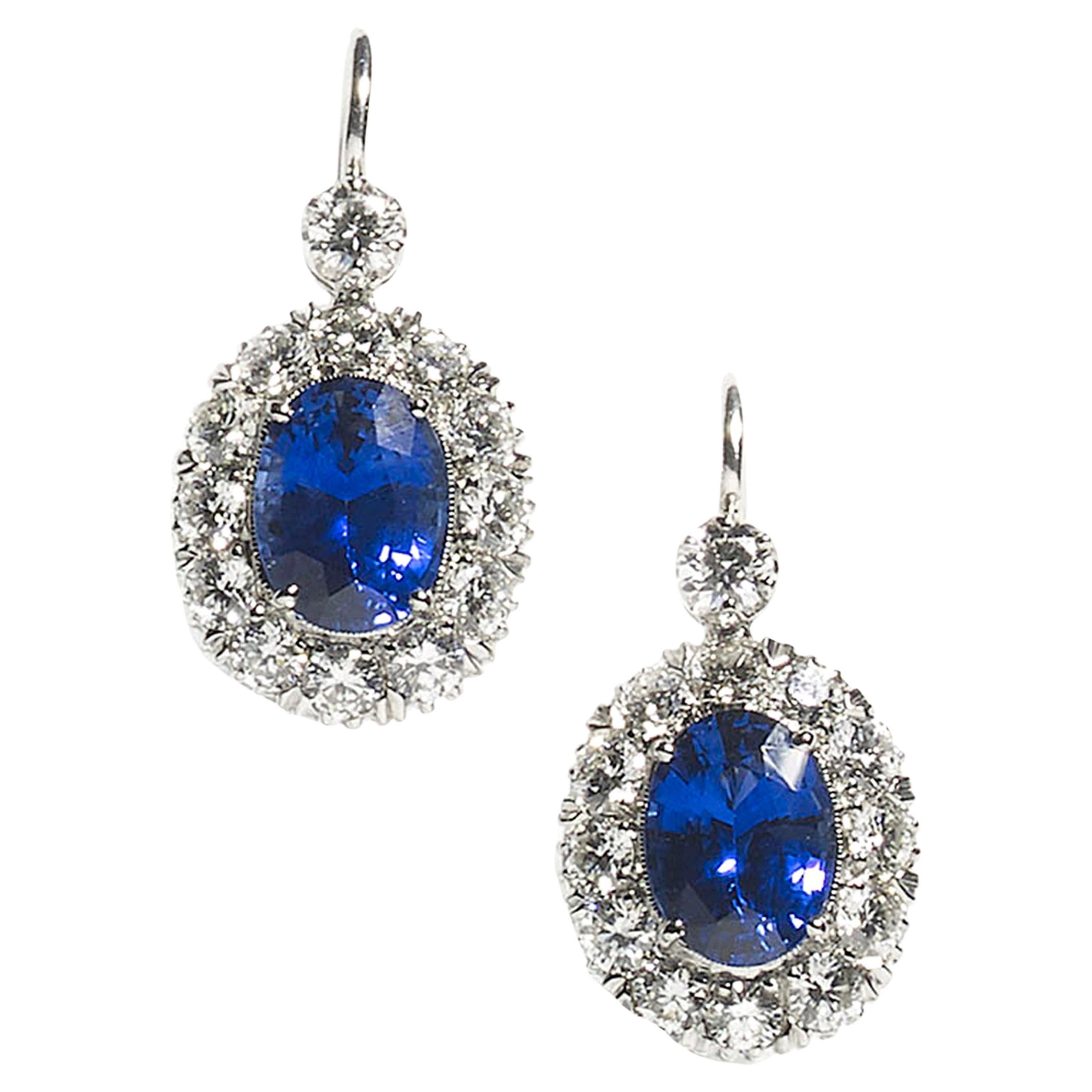 Modern Sapphire, Diamond and Platinum Cluster Drop Earrings For Sale