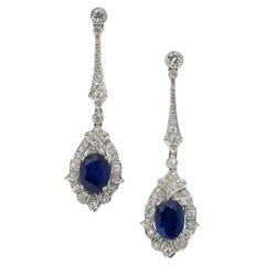 Modern Sapphire, Diamond and Platinum Drop Earrings, 4.50ct Carats
