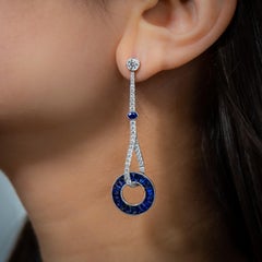 Modern Sapphire, Diamond and Platinum Drop Earrings