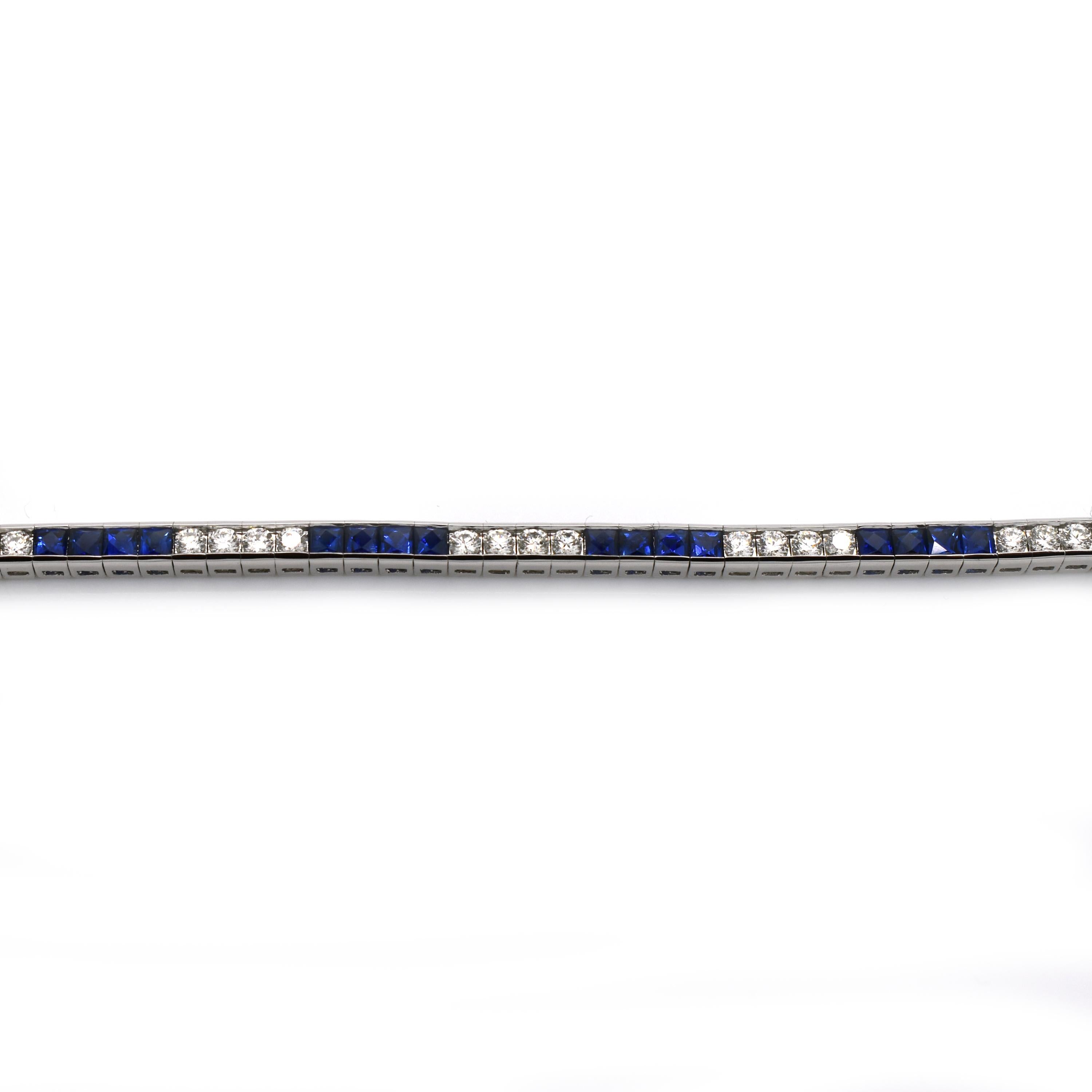 French Cut Modern Sapphire Diamond and Platinum Line Bracelet For Sale