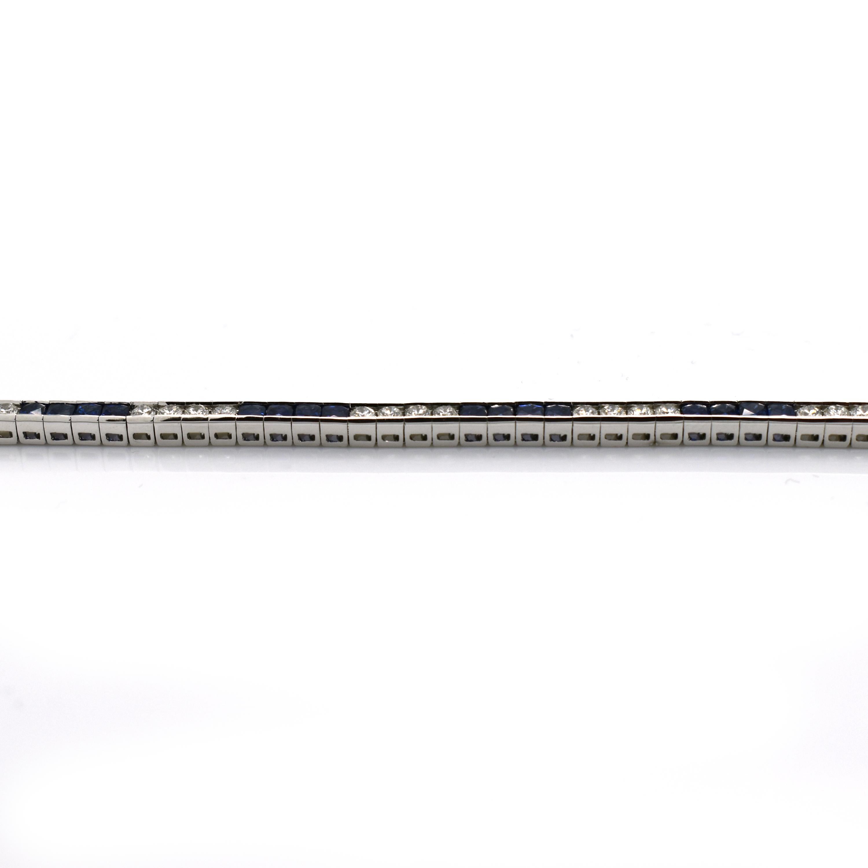 Modern Sapphire Diamond and Platinum Line Bracelet For Sale 2