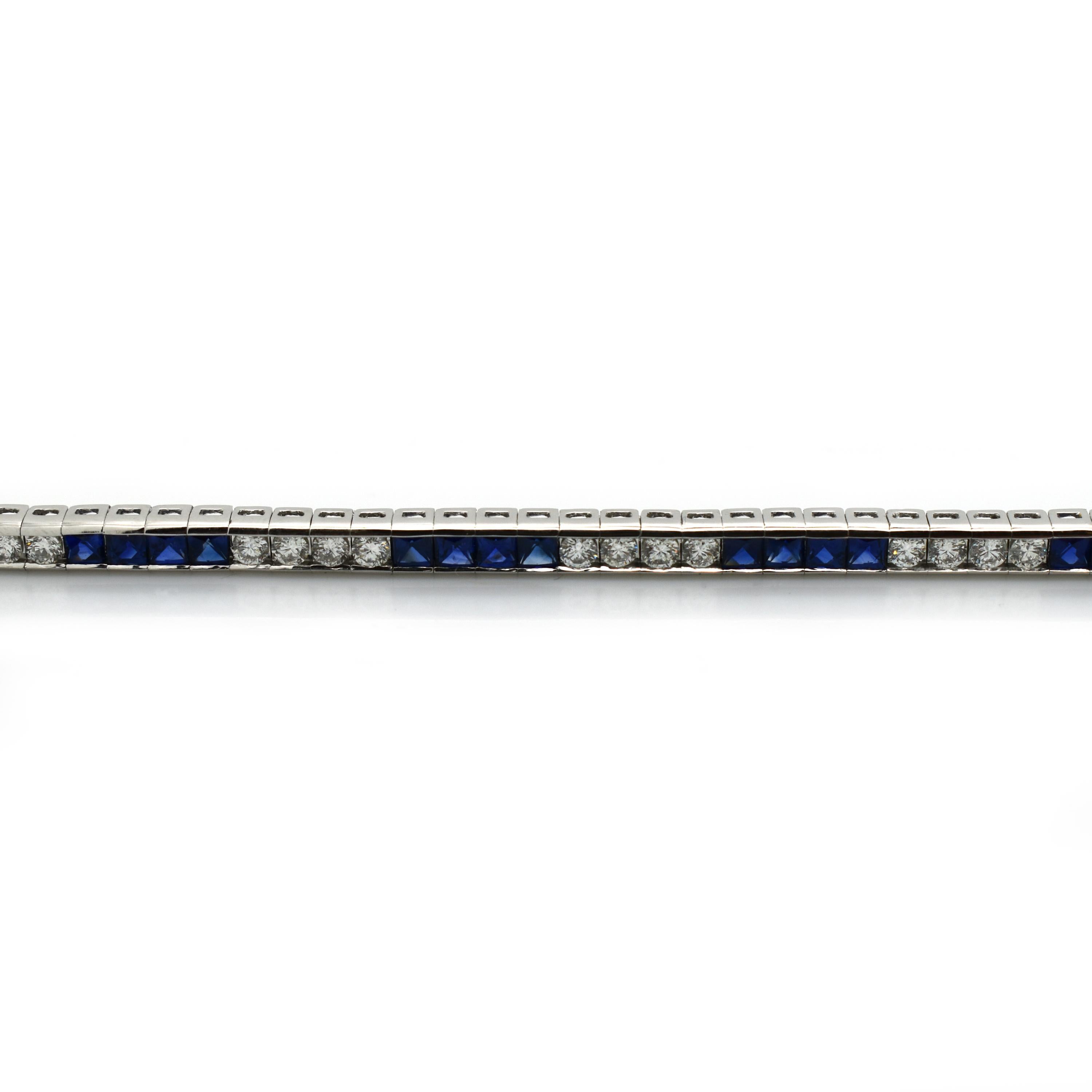 Modern Sapphire Diamond and Platinum Line Bracelet For Sale 3