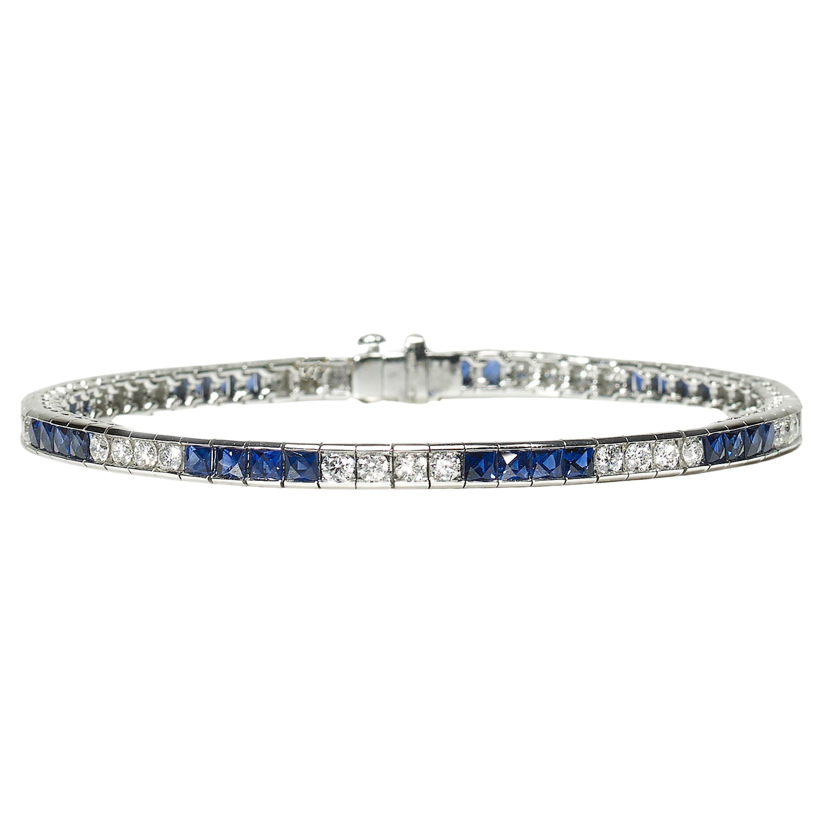 Modern Sapphire Diamond and Platinum Line Bracelet
