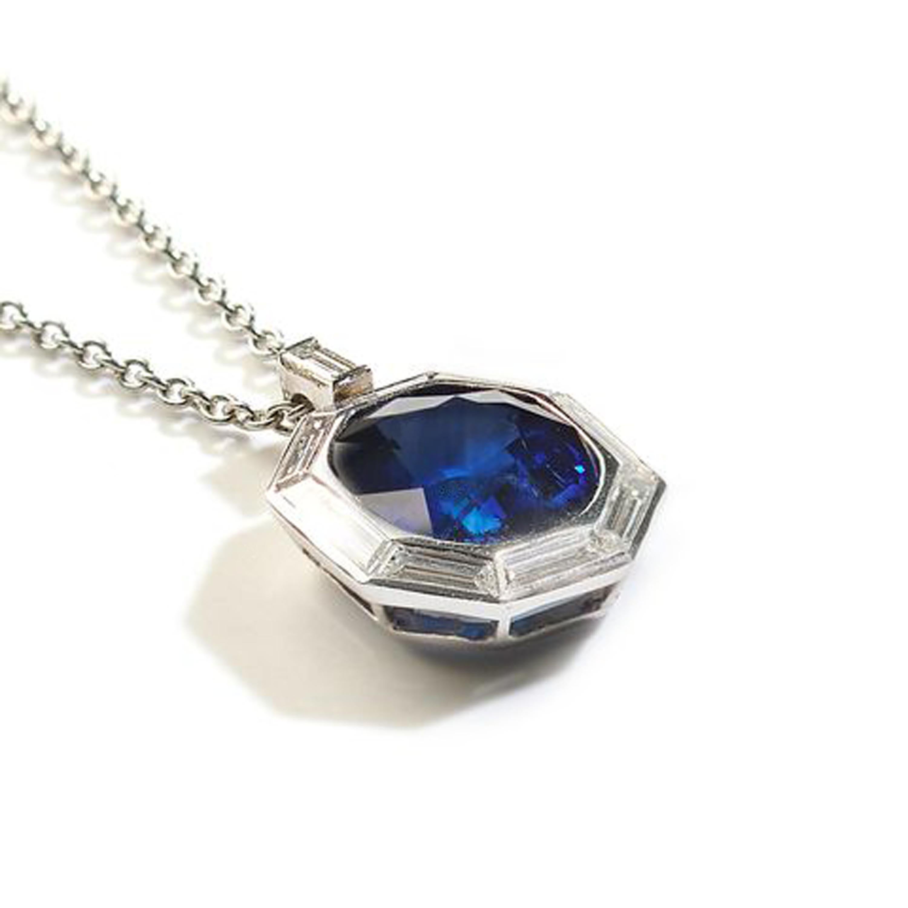 Oval Cut Modern Sapphire Diamond and Platinum Pendant, 4.50 Carats For Sale