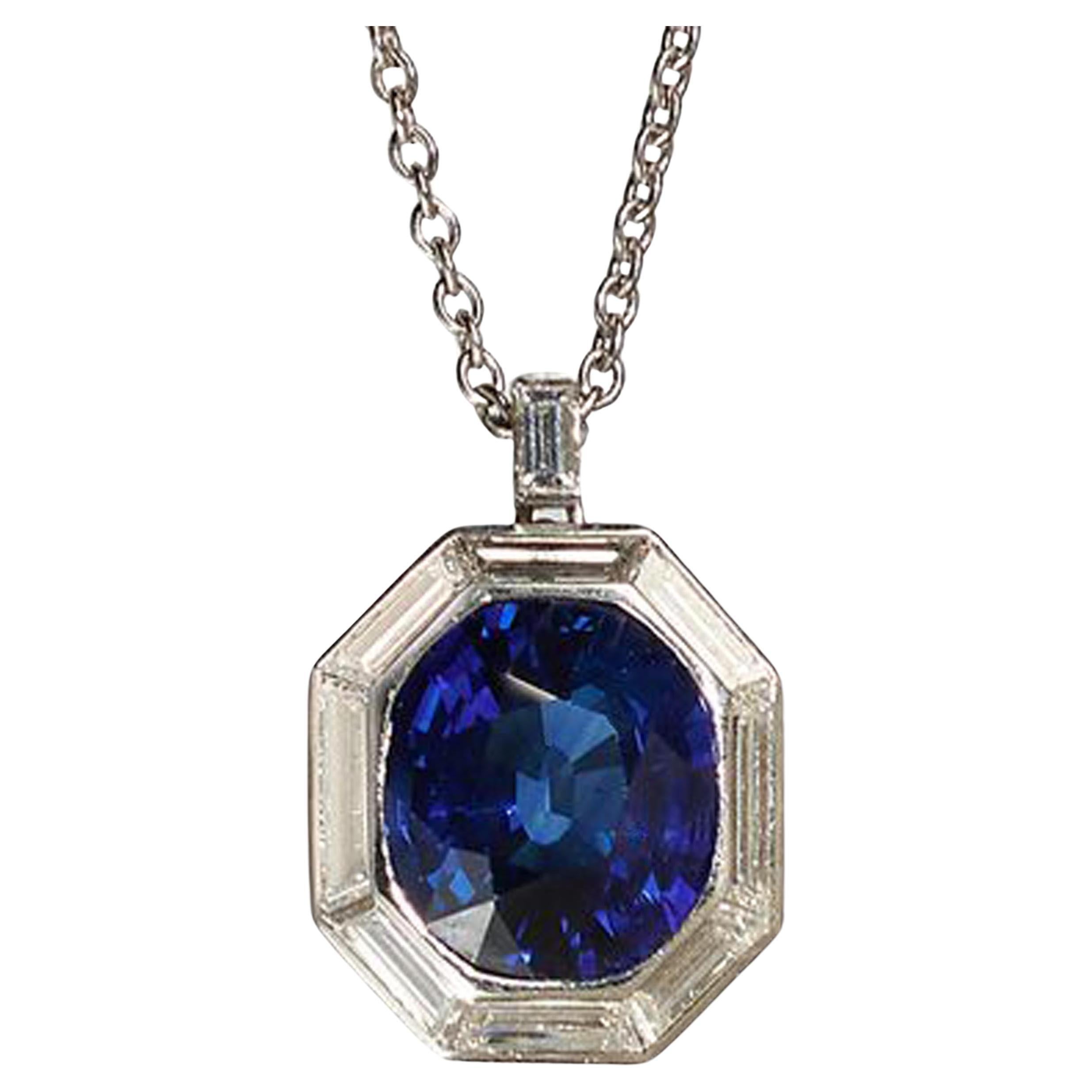 Modern Sapphire Diamond and Platinum Pendant, 4.50 Carats For Sale