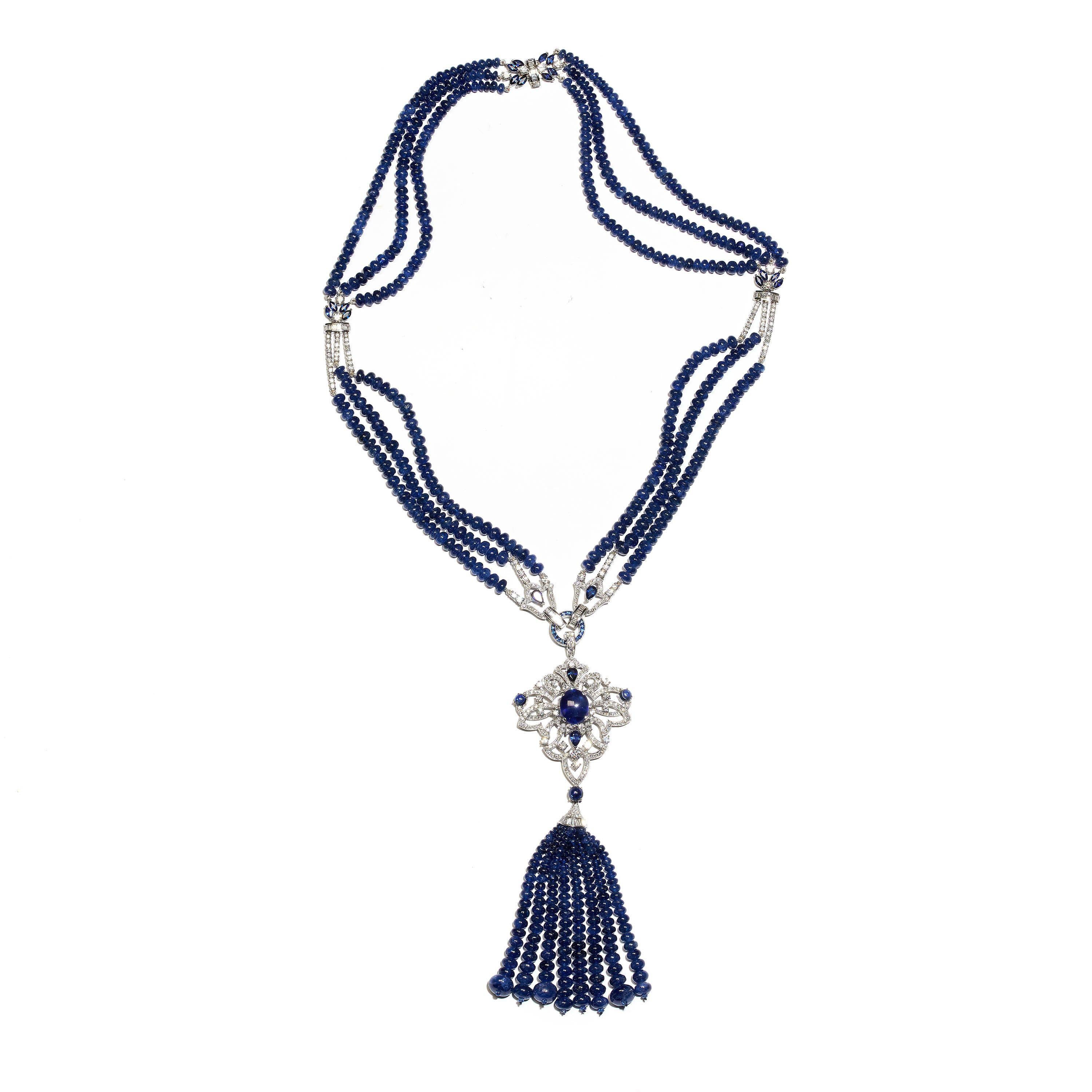 Cabochon Modern Sapphire, Diamond And Platinum Tassel Pendant Necklace