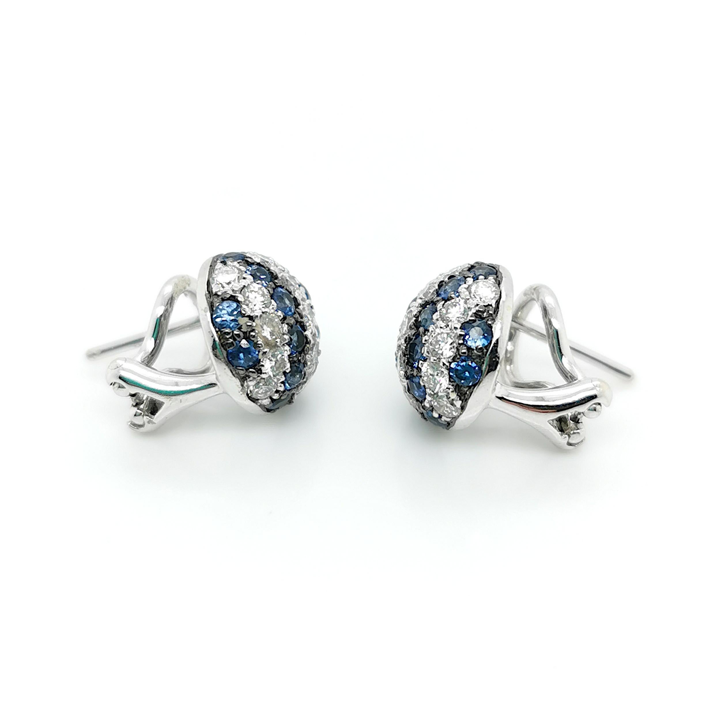Round Cut Modern Sapphire, Diamond And White Gold Stripe Earrings For Sale