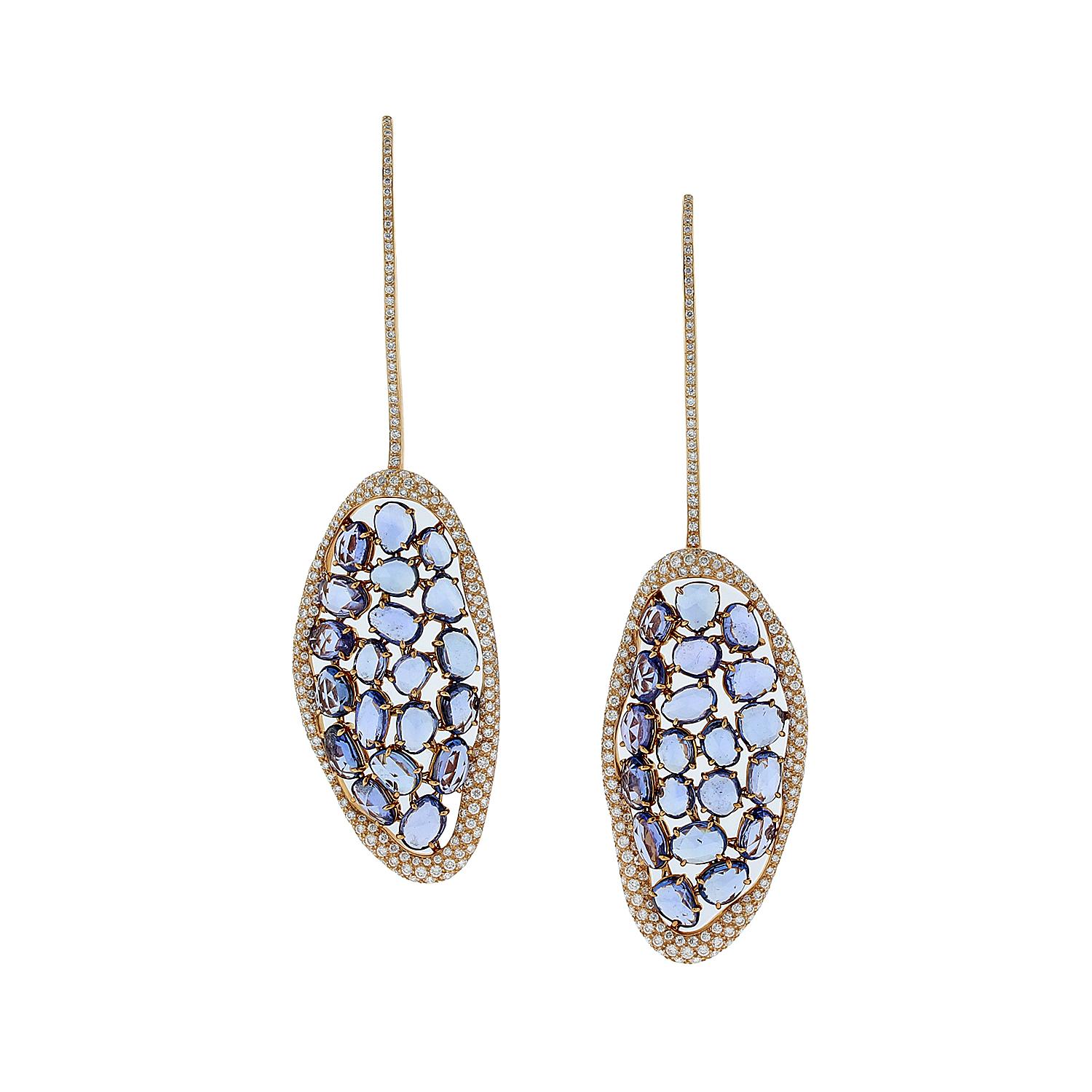 Modern Sapphire Diamond Gold Drop Earrings For Sale