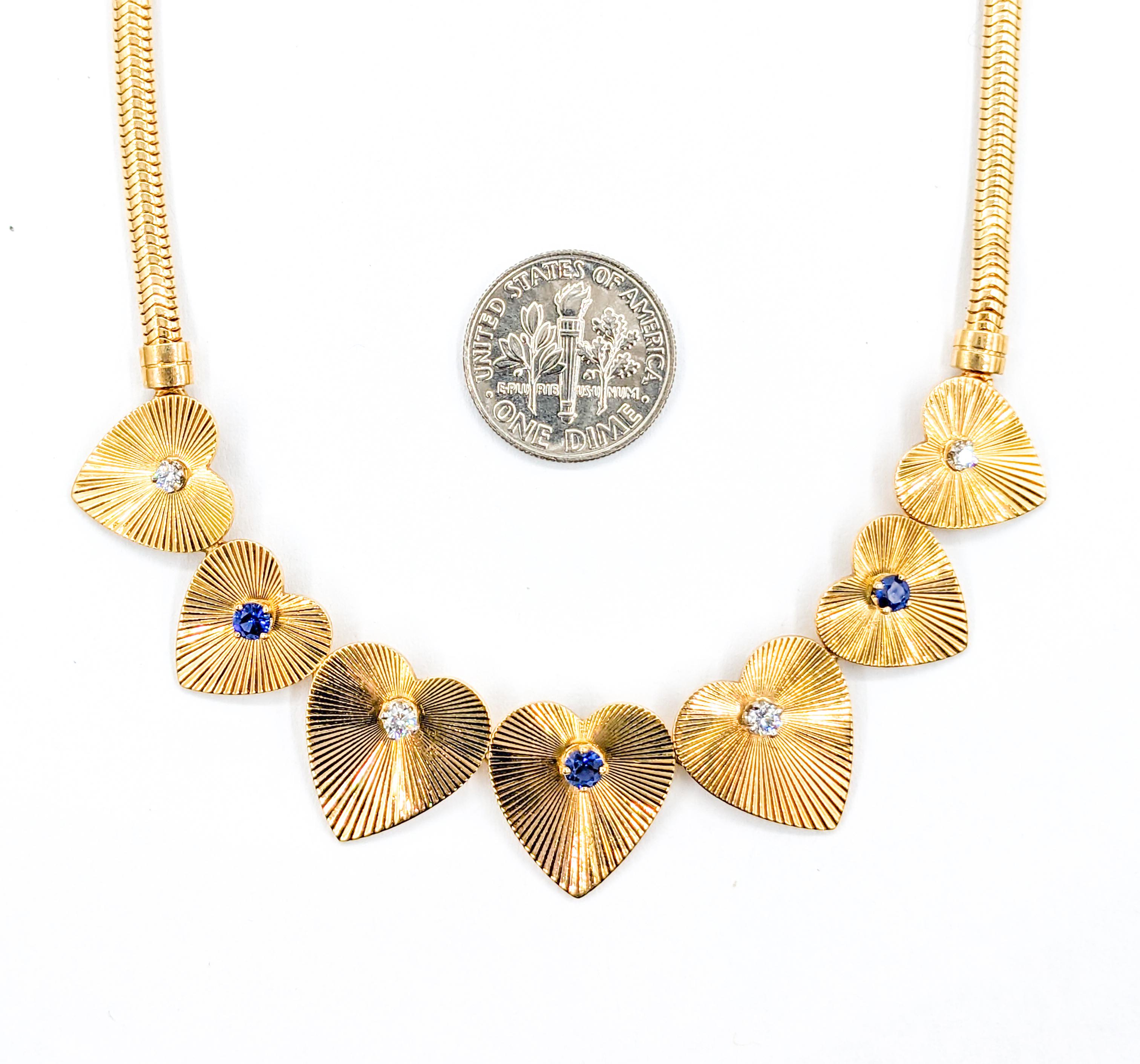 Modern Sapphire & Diamond Graduated Heart Necklace For Sale 5