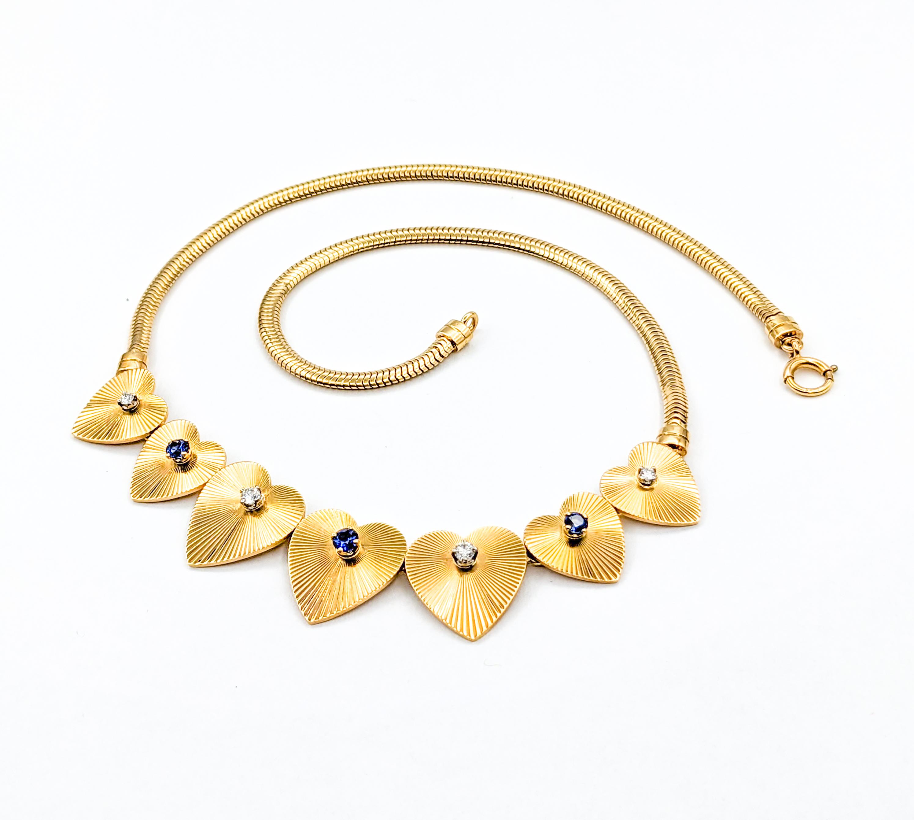 Modern Sapphire & Diamond Graduated Heart Necklace For Sale 1