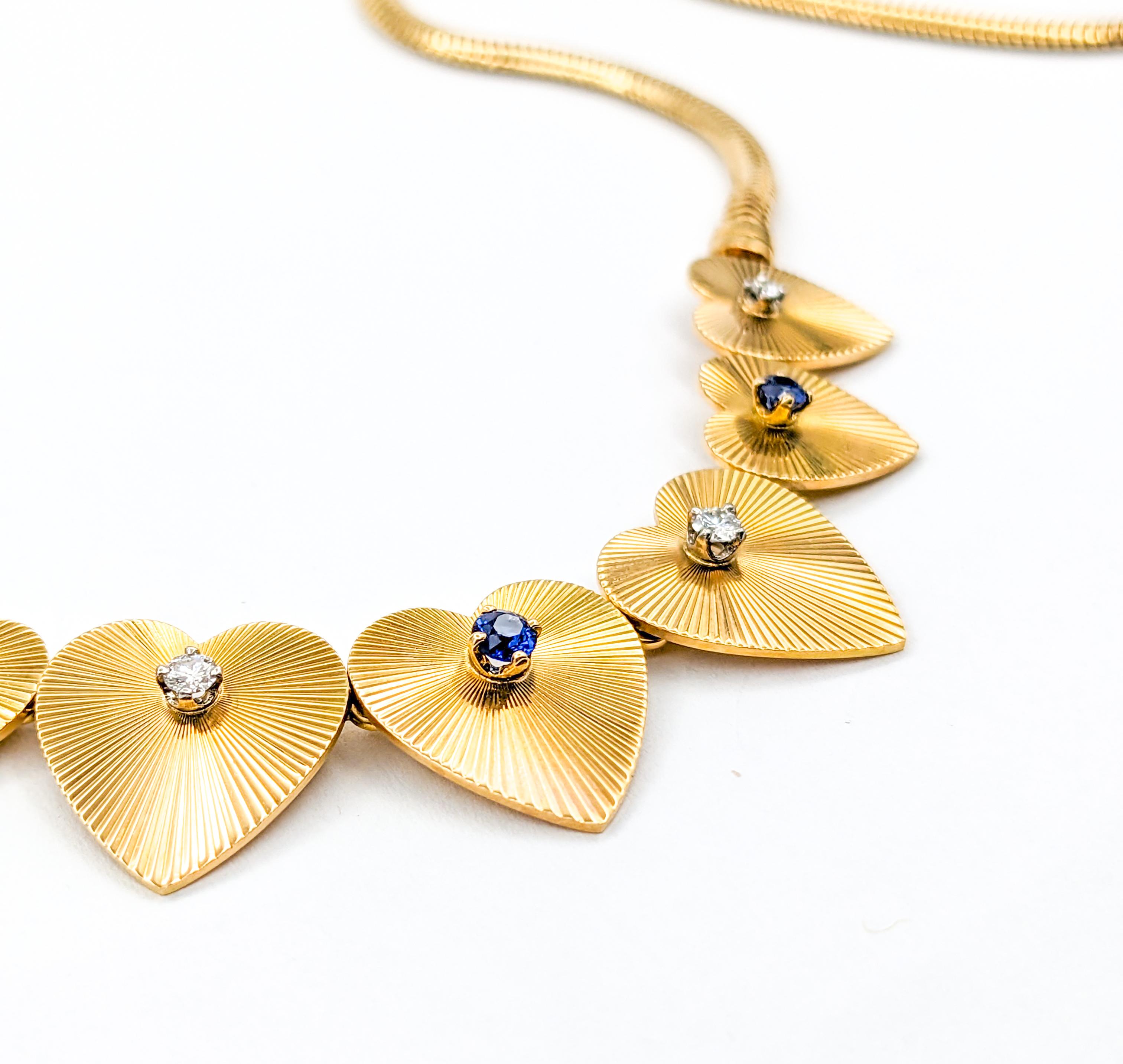 Modern Sapphire & Diamond Graduated Heart Necklace For Sale 2