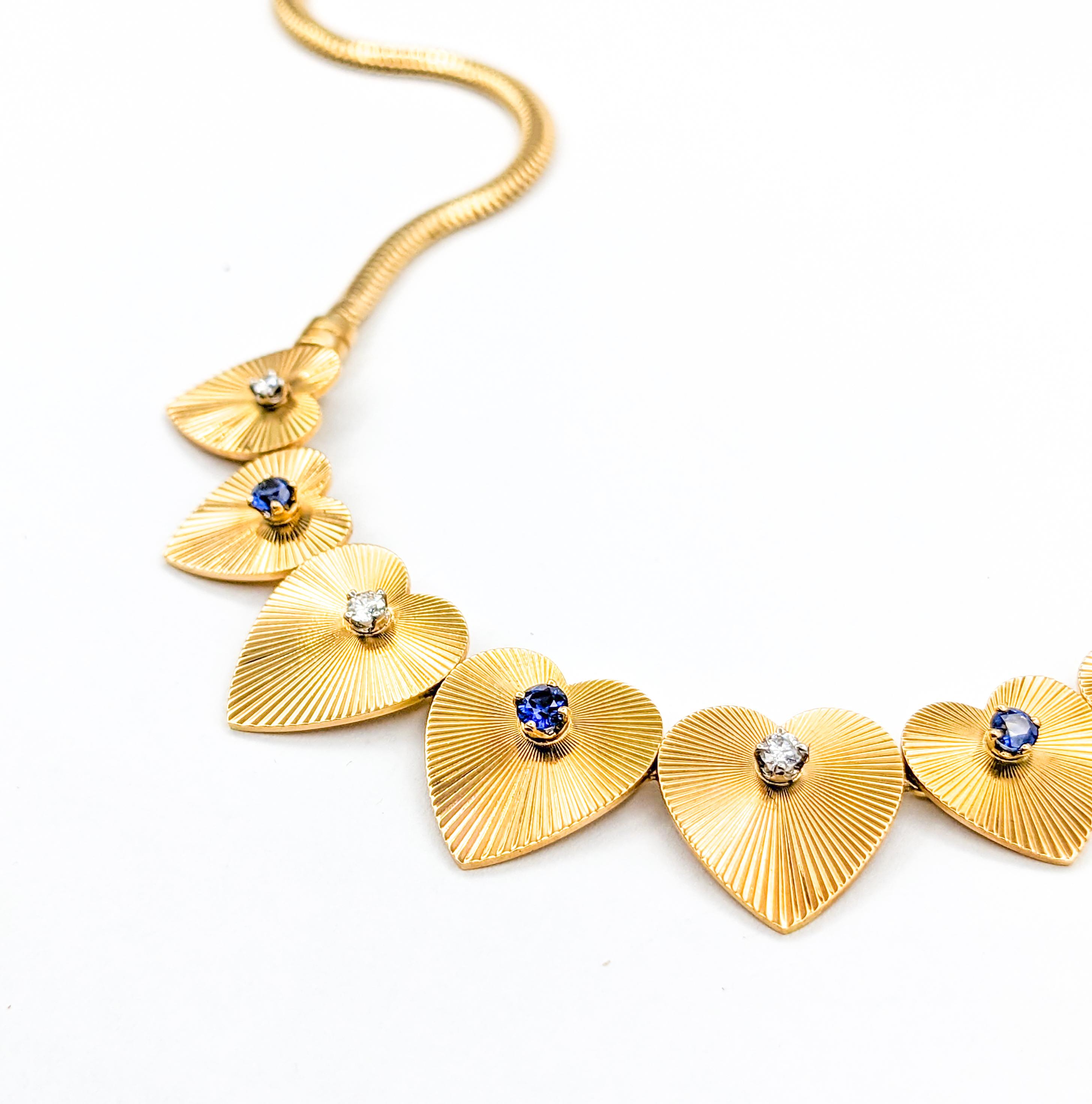 Modern Sapphire & Diamond Graduated Heart Necklace For Sale 3