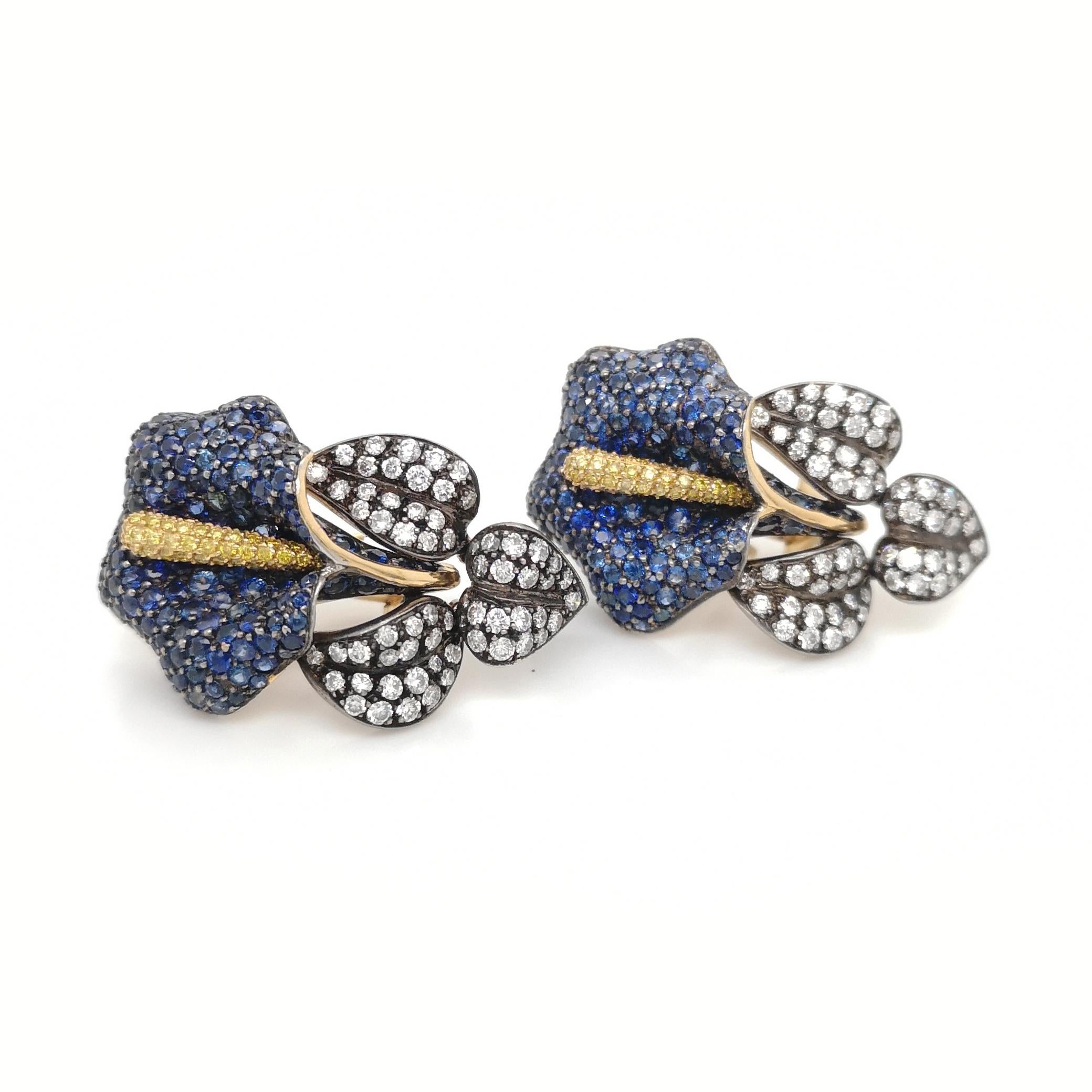 Brilliant Cut Modern Sapphire, Diamond, Silver and Gold Calla Lily Earrings For Sale