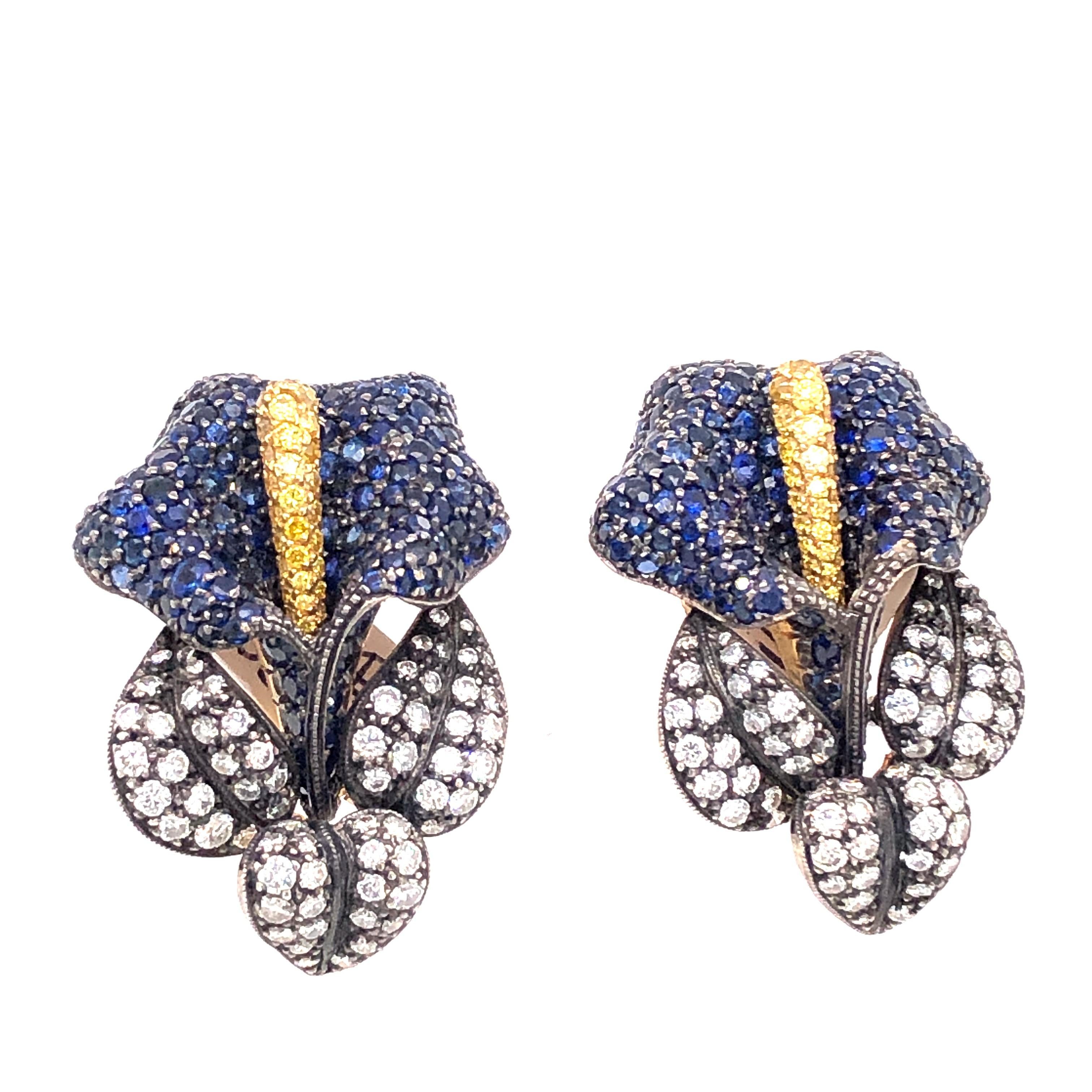 Women's Modern Sapphire, Diamond, Silver and Gold Calla Lily Earrings For Sale