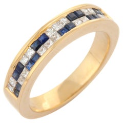Modern Sapphire Diamond Sleek Band Ring Encrusted in 18K Yellow Gold 