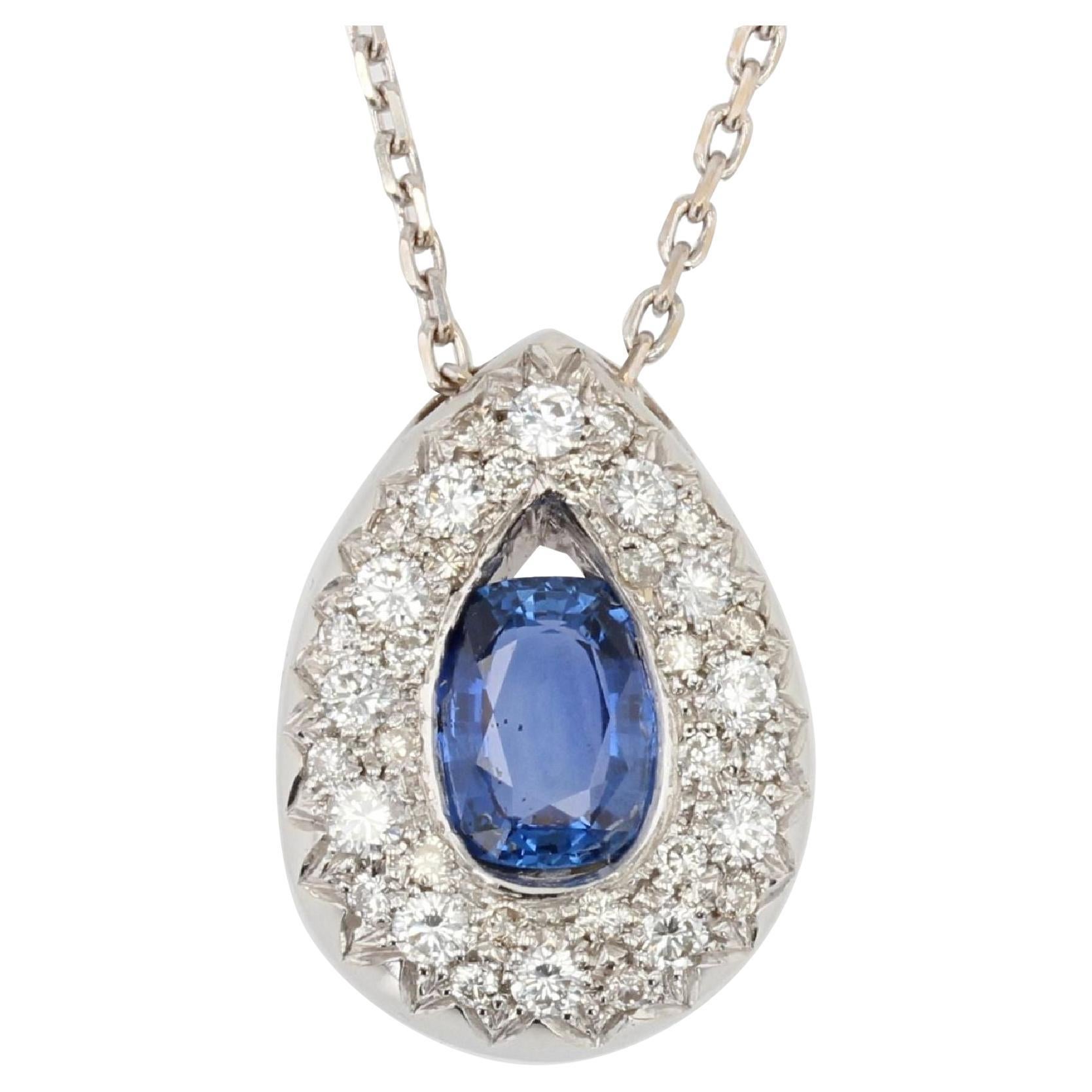 Modern Sapphire Diamonds 18 Karat White Gold Drop Pendant Necklace For Sale